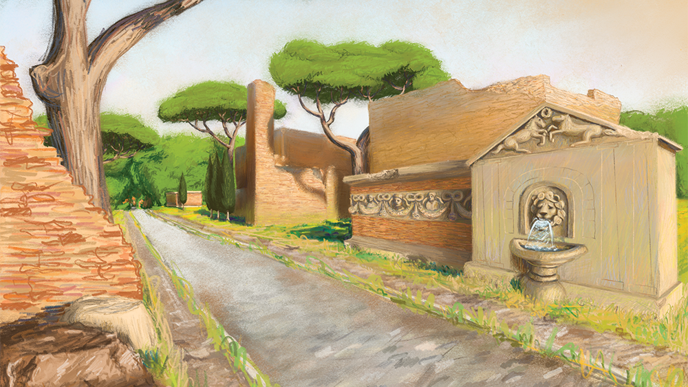 Detail of illustration showing ancient ruins along a cobblestone path with pine trees in the distance.