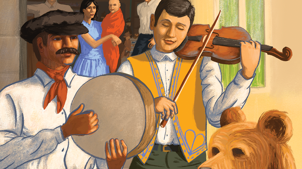 Detail of illustrations showing one man playing the drums and another playing a violin.