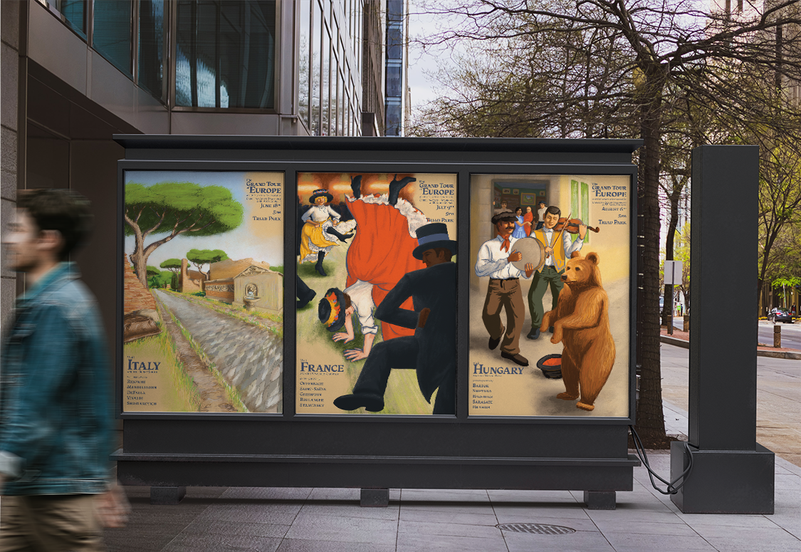 Three concert posters displayed in an urban setting with a person walking by.