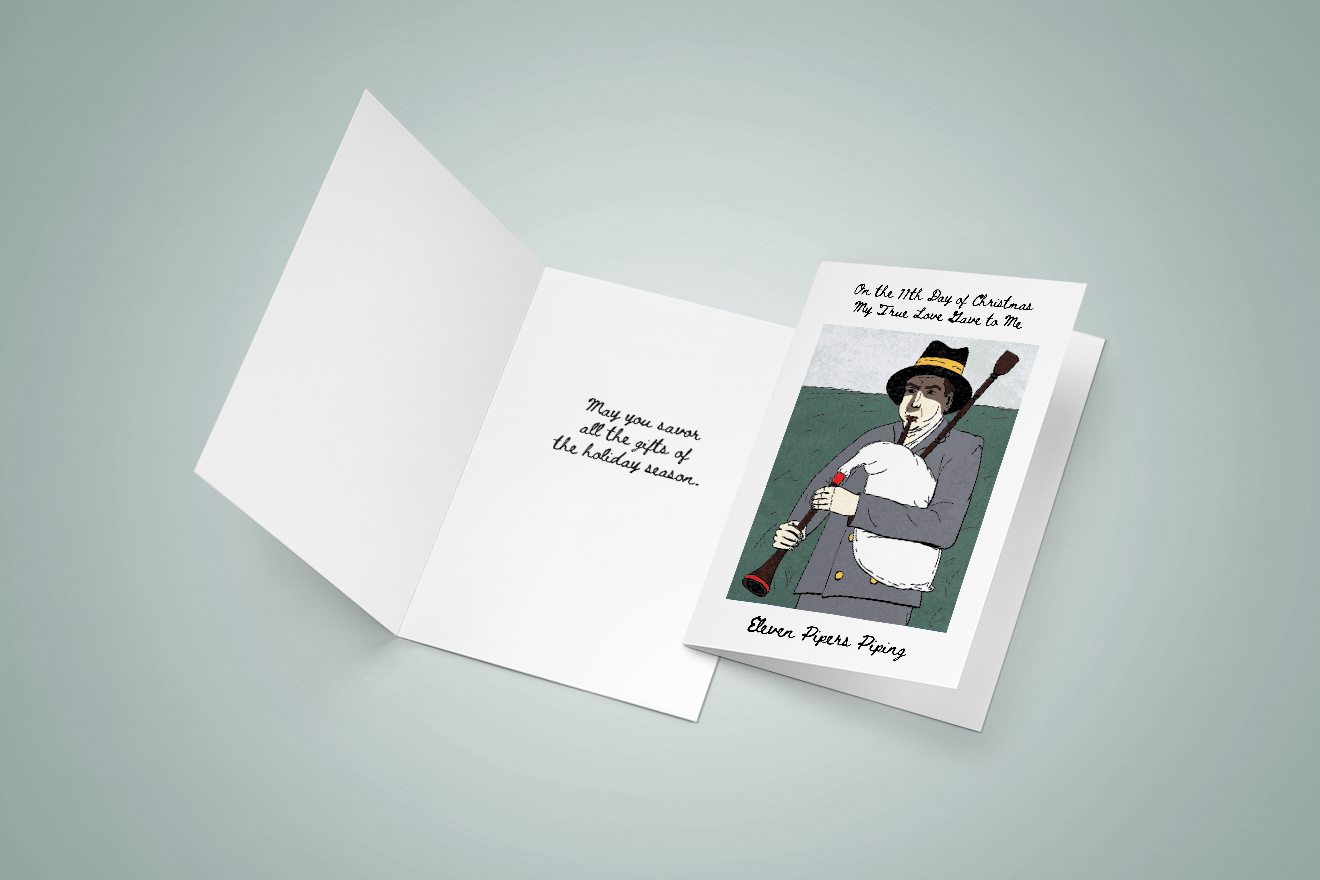 The front and interior of a greeting card. The illustration on the front is of a person in a suit playing bagpipes.