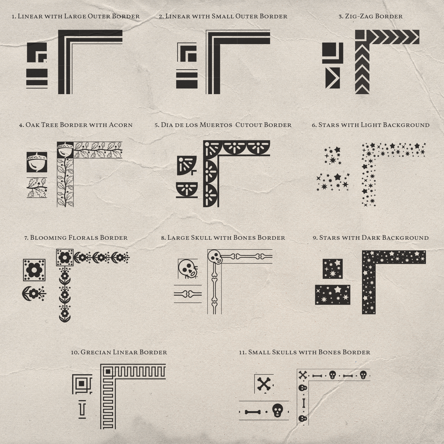 11 border patterns with tiles used and a right angle demonstrating appearance.