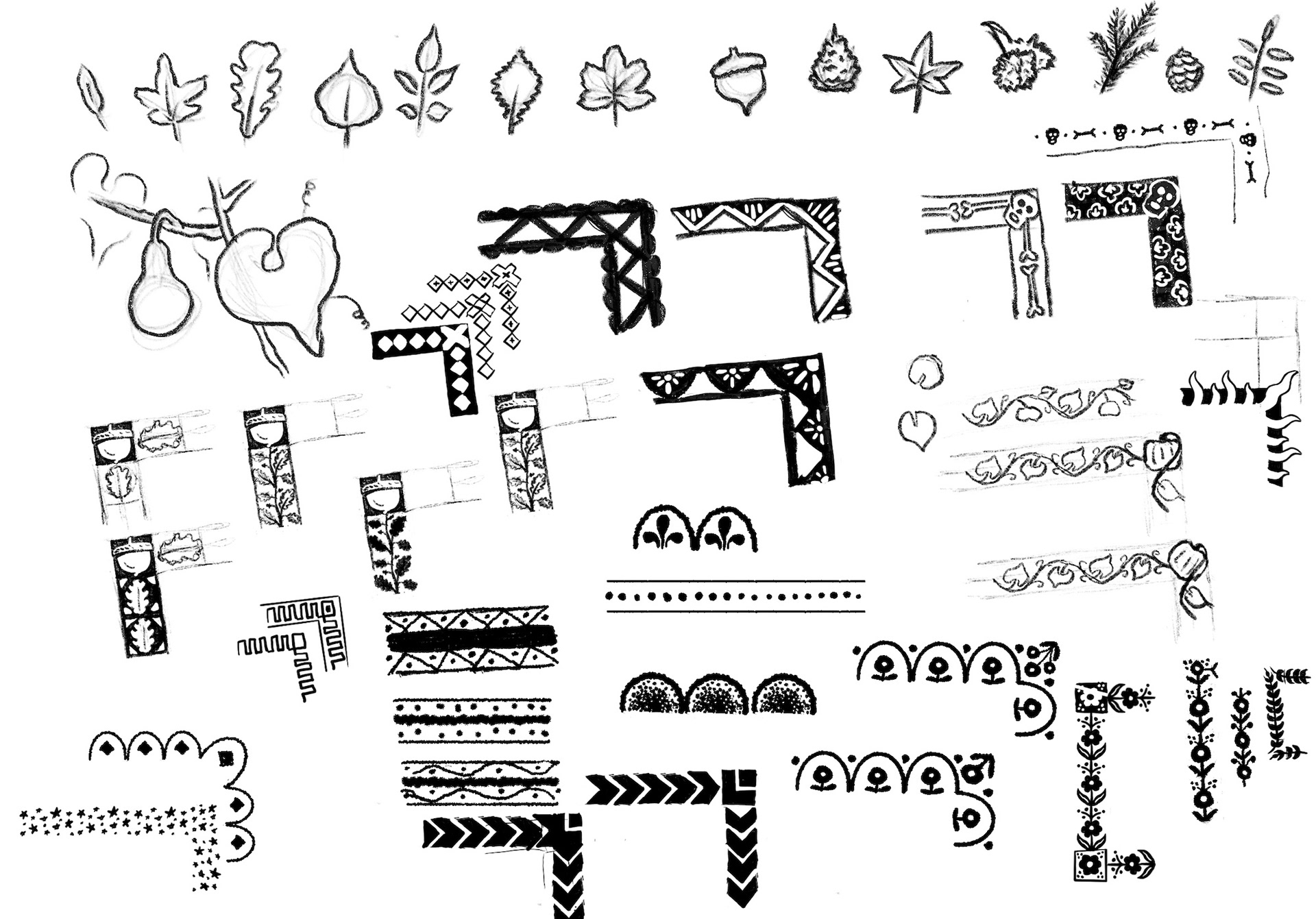 sketchbook page with different ideas for border patterns.