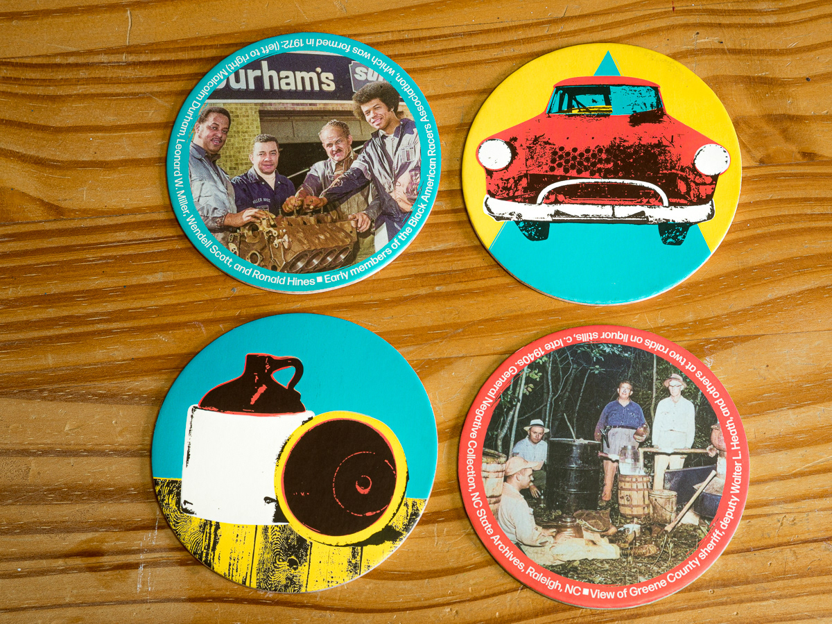 Collection of Four coaster designs. Two contain screen print styled images and the other two contain historic photos with captions describing them.