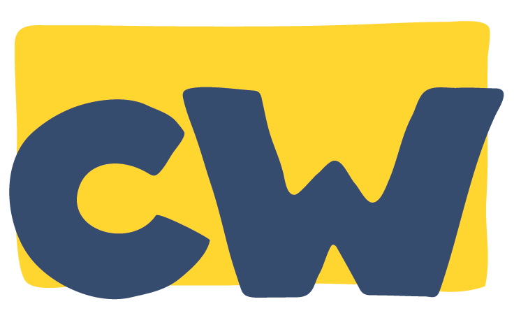 Logo for Cameron Ward. A dark blue C and W are in front of a yellow square.