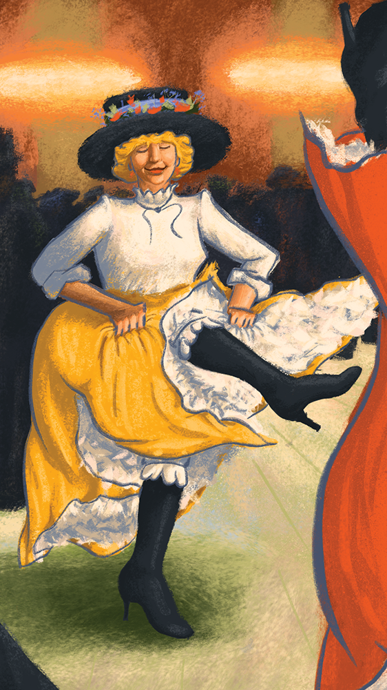 Detail of illustration depicting a woman in a yellow dress and colorful hat dancing.