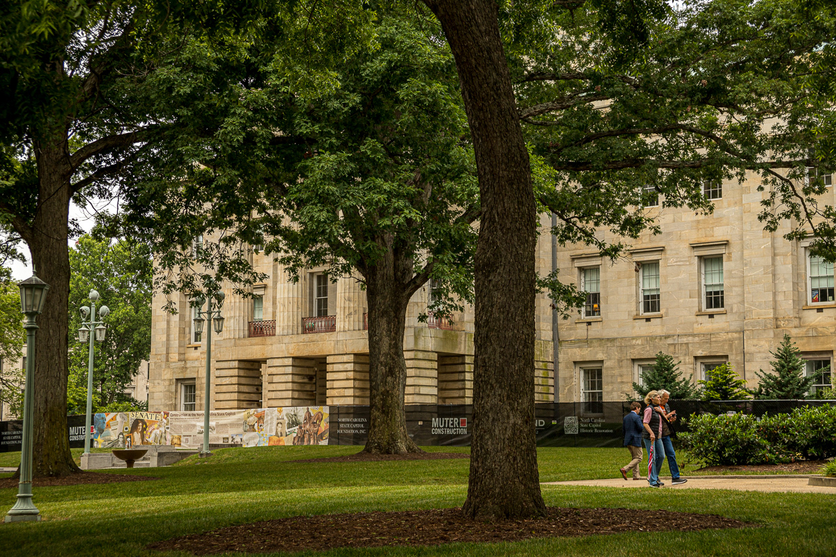 A view of the Fence Screen Installation from the sidewalk with trees in the foreground and groups of people walking by
