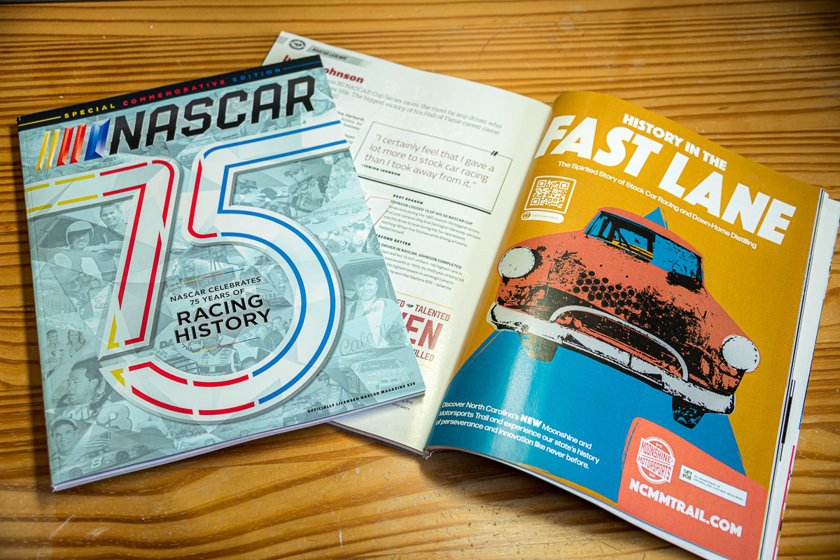 Display of a full page ad as it appears in a commemorative magazine for the 75th anniversary of the founding of NASCAR.