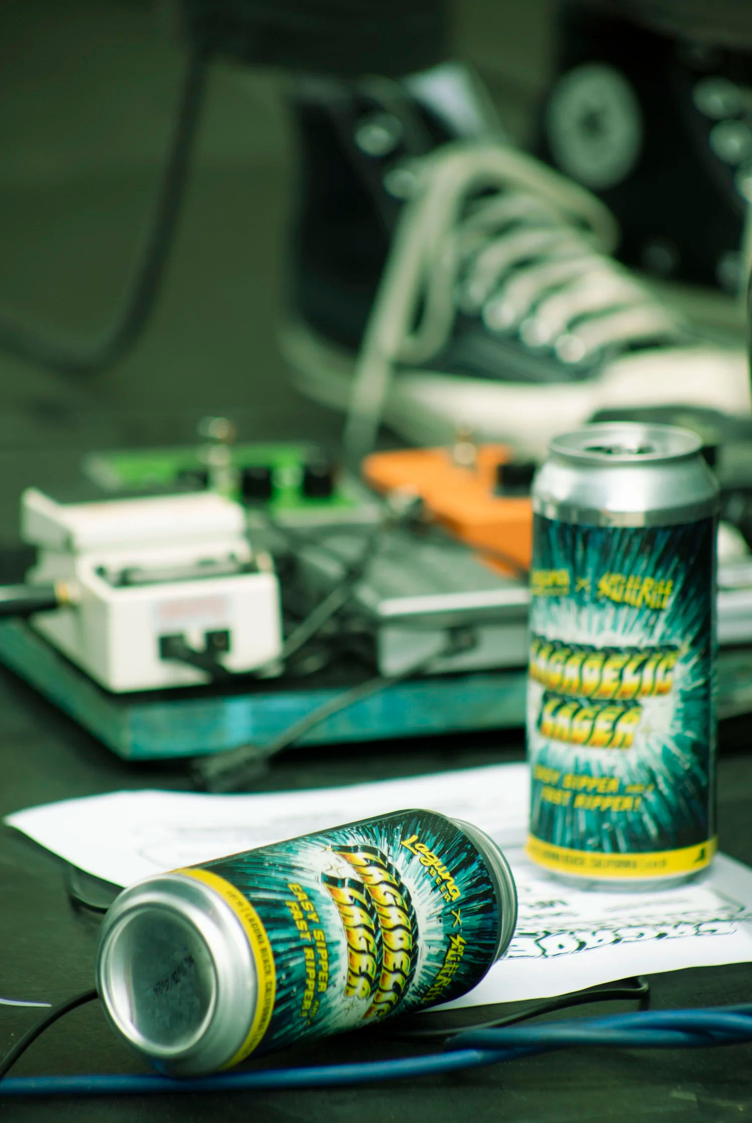 Lagadelic Lager cans on stage
