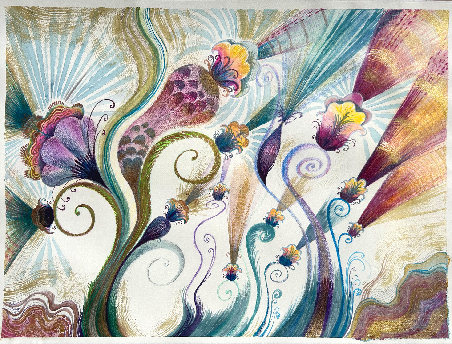 Comet Flowers,  30" x 22" mixed media