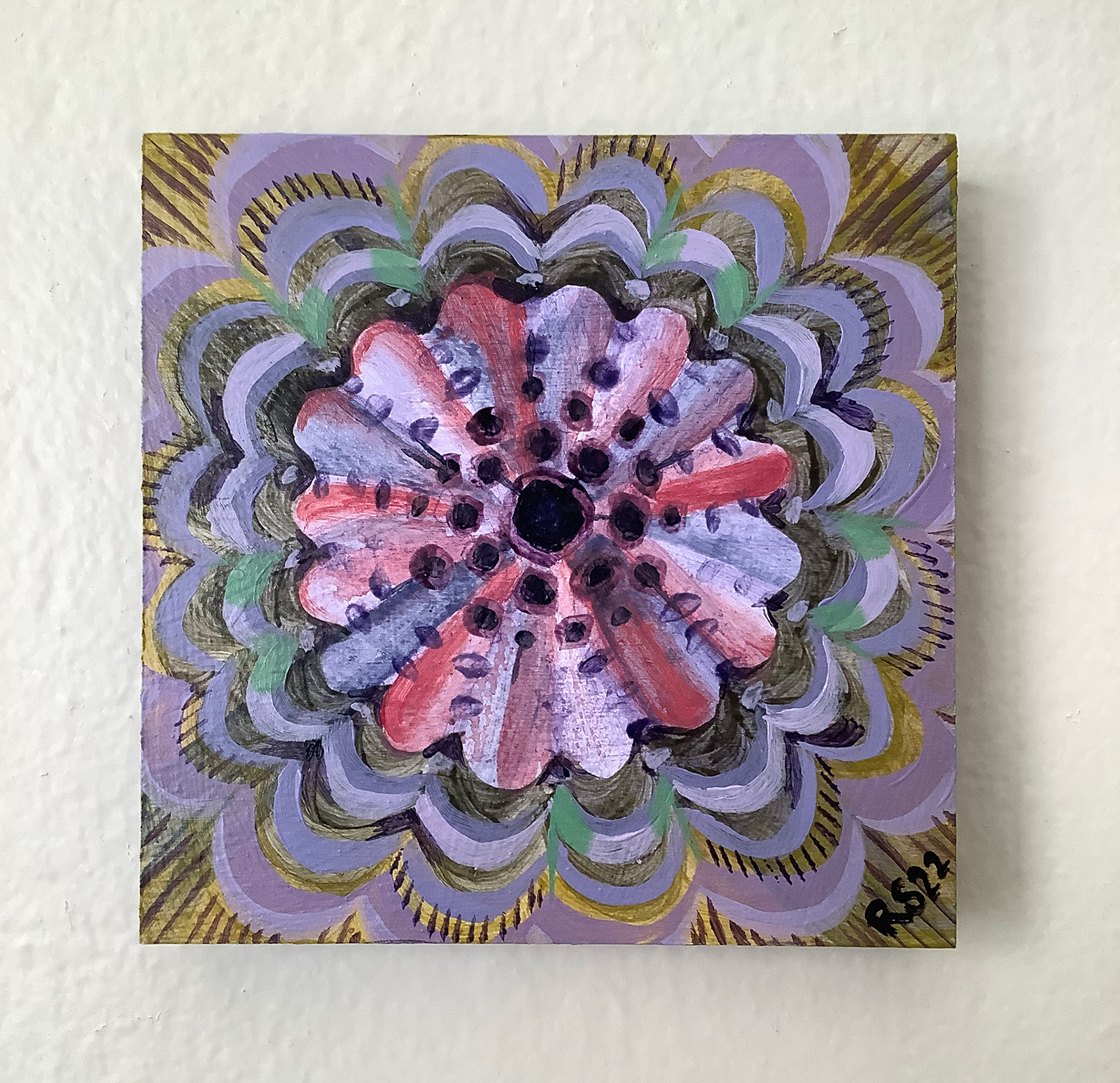 Urchin Mandala, 6" x 6" acrylics on wood panel