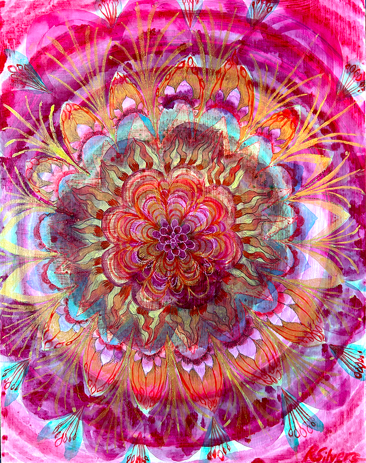 Pink Mandala, 8" x 10"ink on wood panel