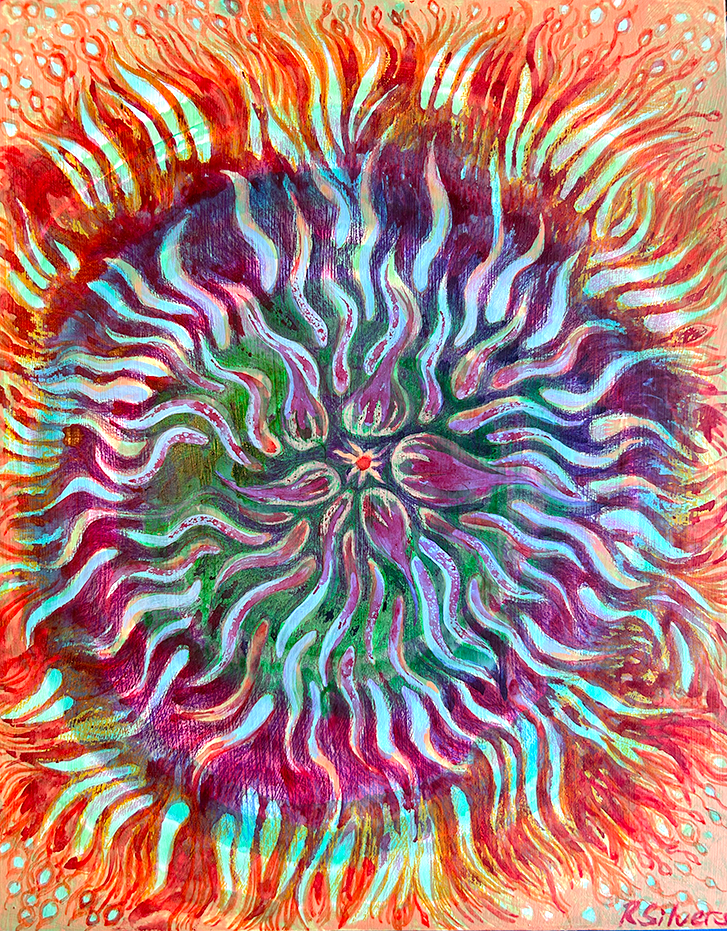 Firebird Mandala, 8" x 10"ink on wood panel