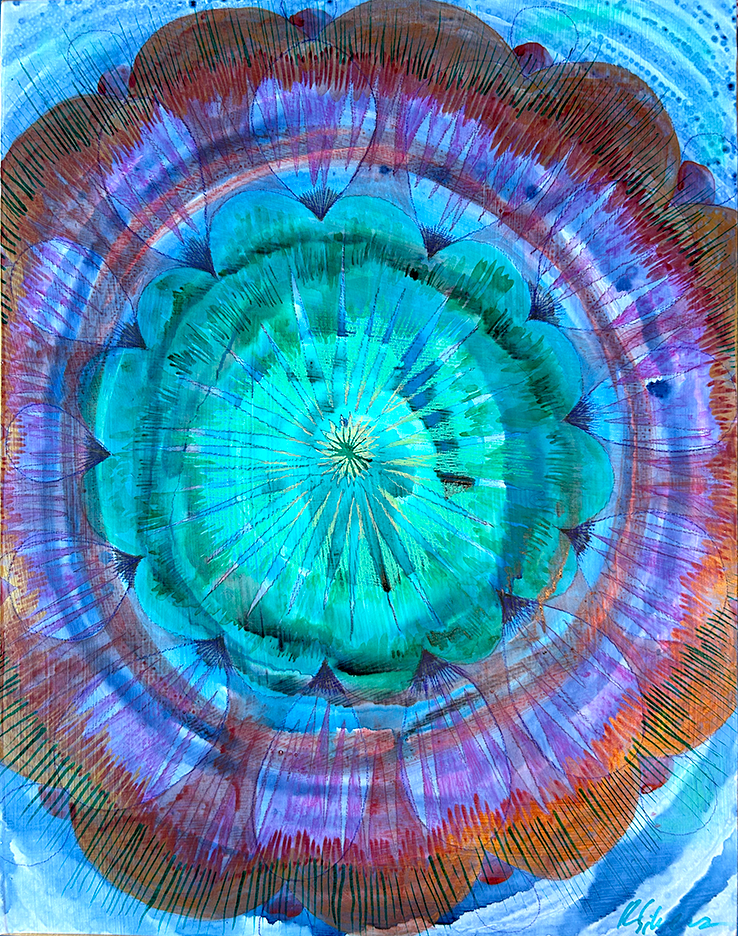 Turquoise Mandala, 8" x 10"ink on wood panel