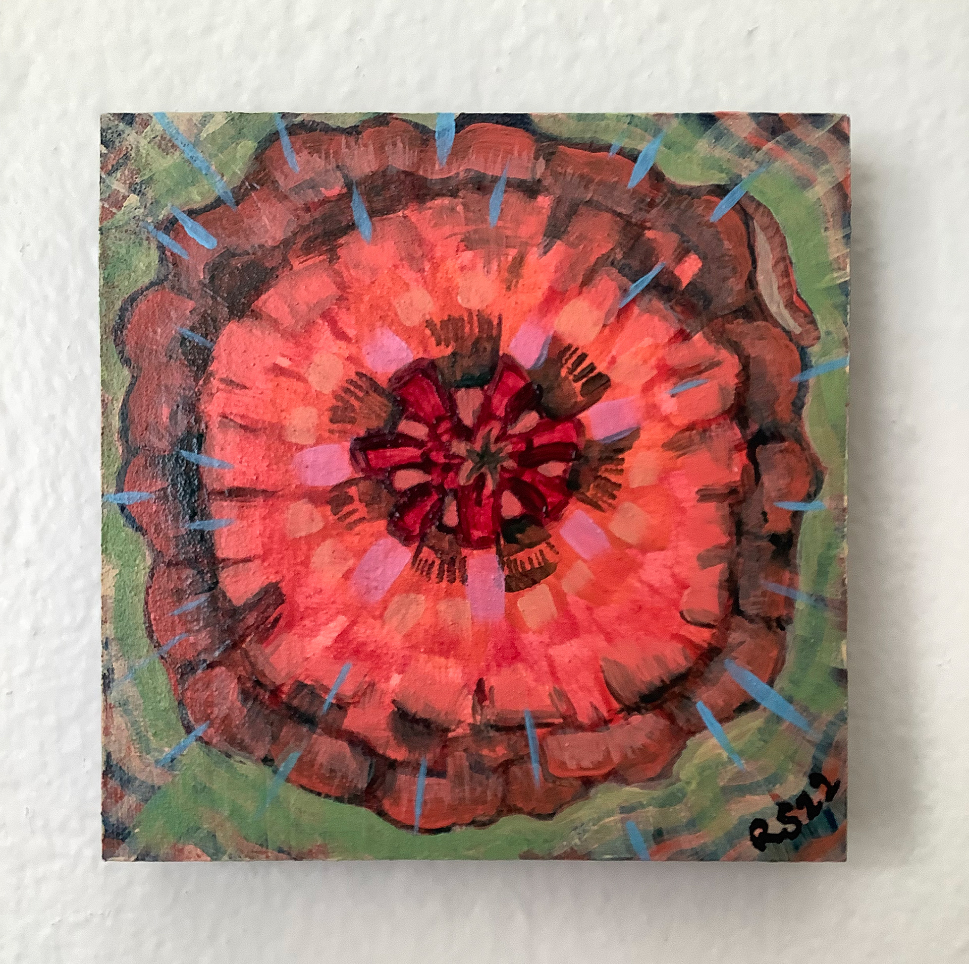 Poppy Mandala, 6" x 6" acrylics on wood panel
