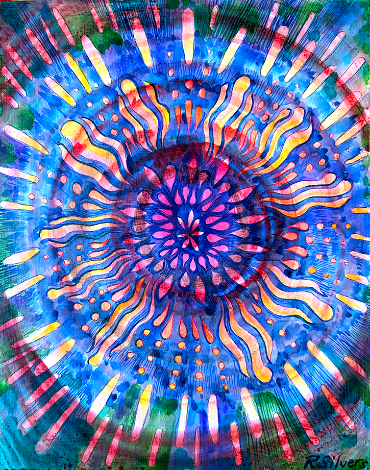 Peacock Mandala, 8" x 10"ink on wood panel