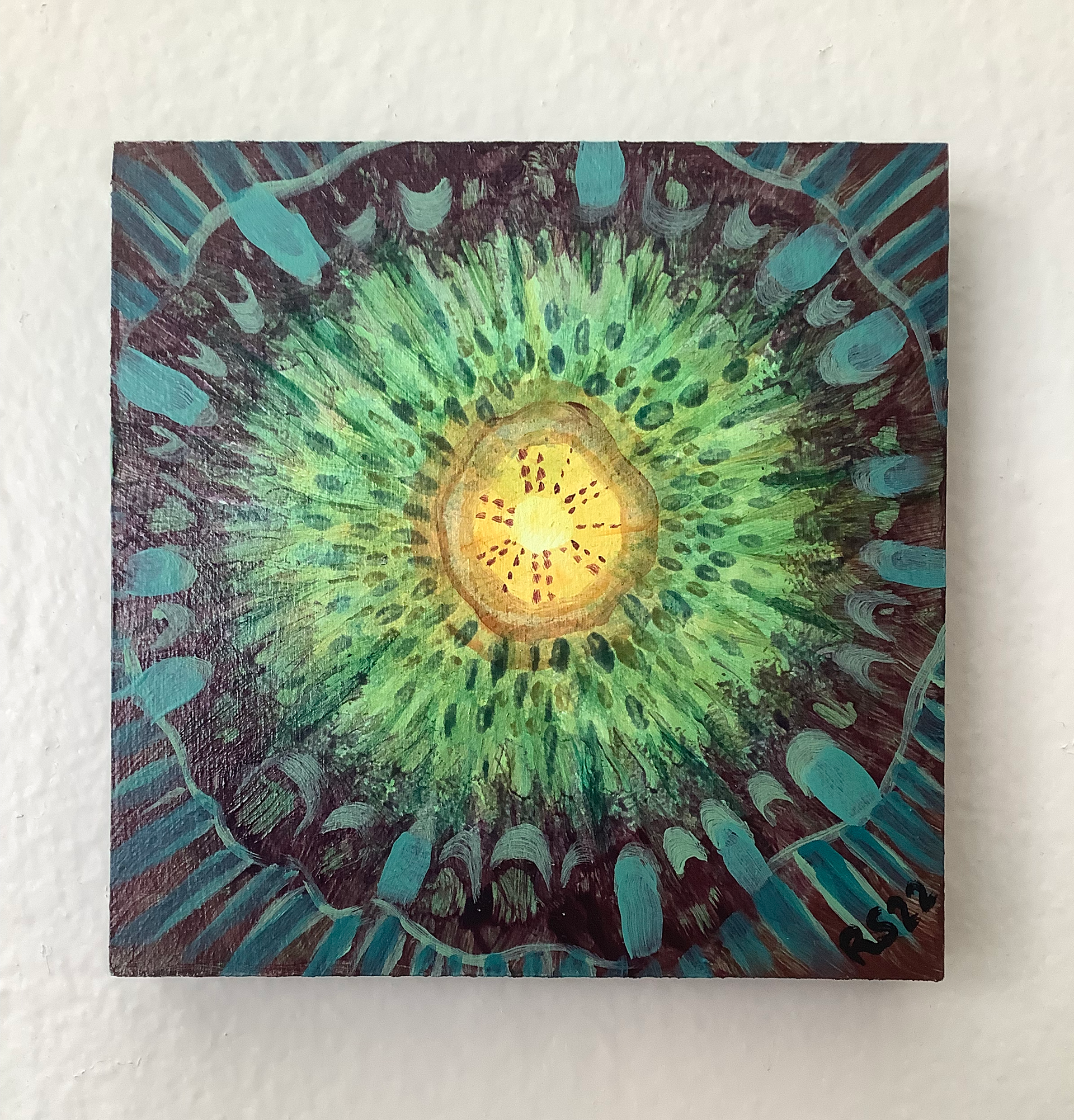 Kiwi Mandala, 6" x 6" acrylics on wood panel