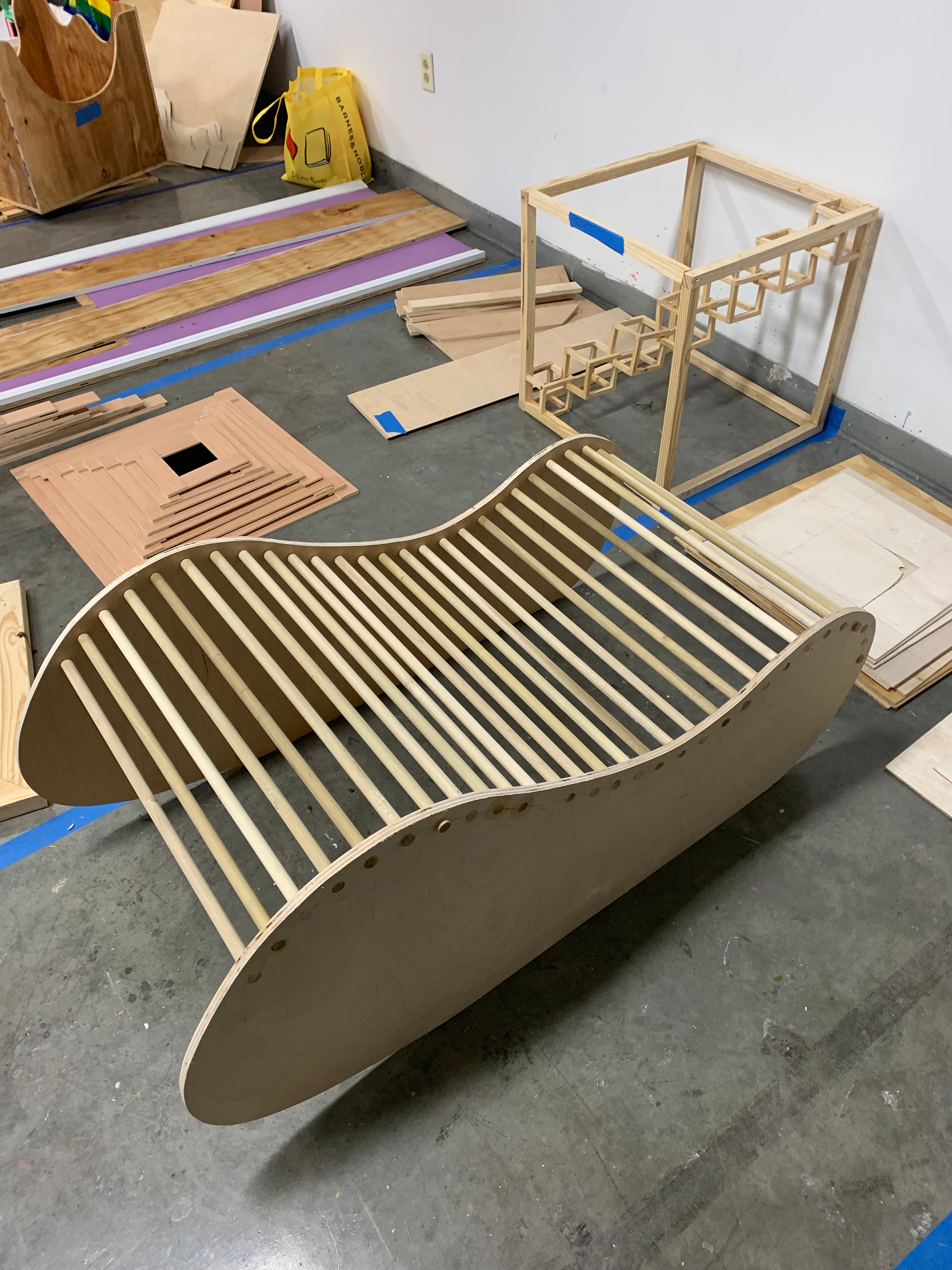 5 Foot wave recliner chair build by me completely out of wood panels and dowels