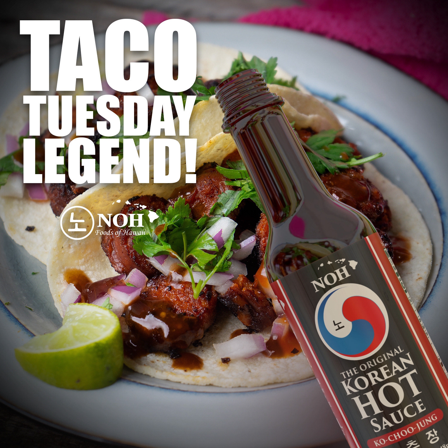 Designed a social media post that positions NOH Korean Hot Sauce as a flavorful upgrade for Taco Tuesday. The layout uses bold typography, craveable food imagery, and prominent packaging placement to drive engagement, product recognition, and everyday usage inspiration.