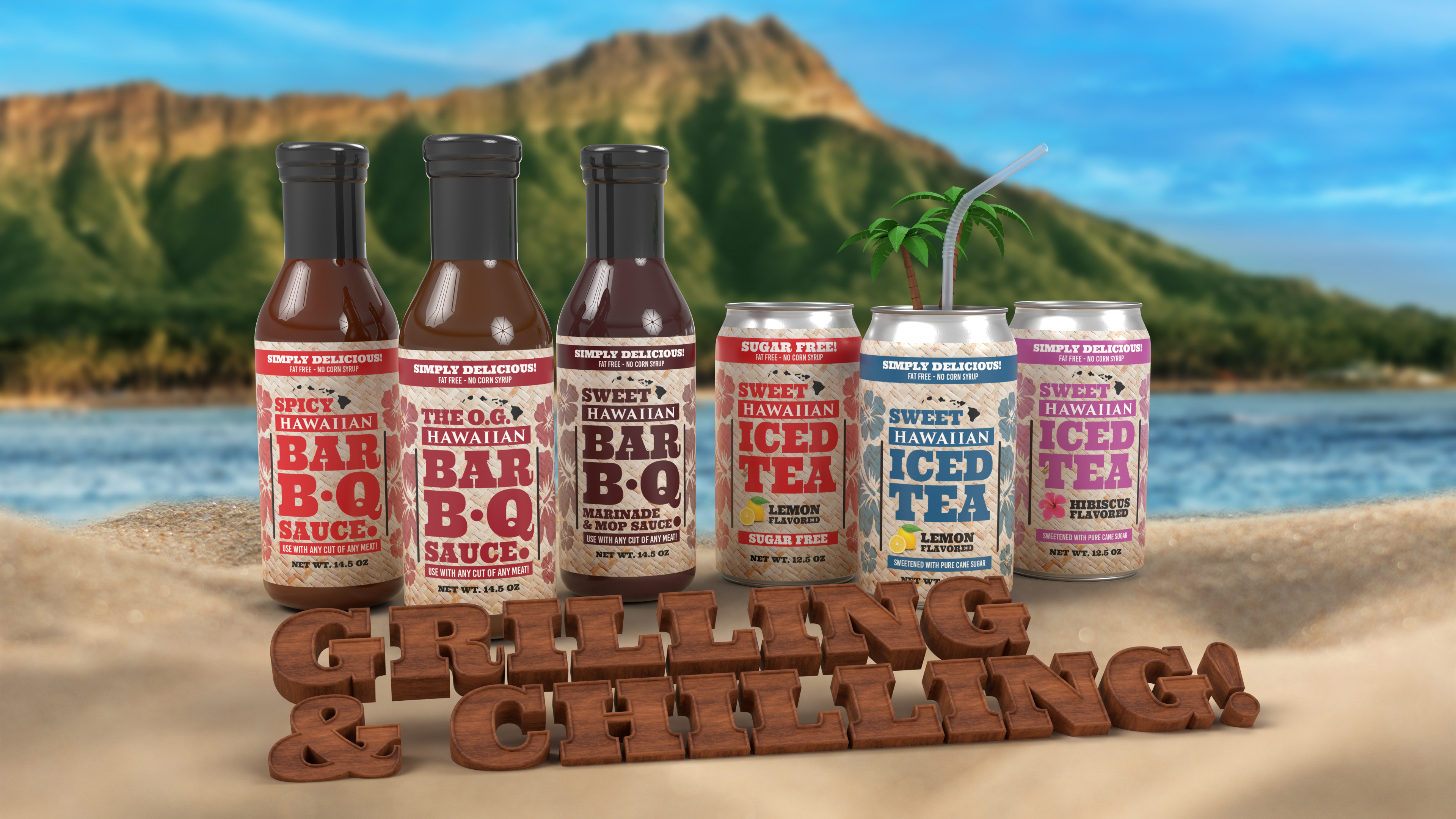 Objective: Expand the brand into a lifestyle-oriented summer product line that connects food and beverage occasions.  Solution: Designed a coordinated “Grillin’ & Chillin’” line extension featuring Hawaiian-style BBQ sauces and iced teas. The packaging system uses shared visual language, tropical patterns, and bold product storytelling to create a unified family look that encourages meal pairing, seasonal merchandising, and stronger consumer engagement.