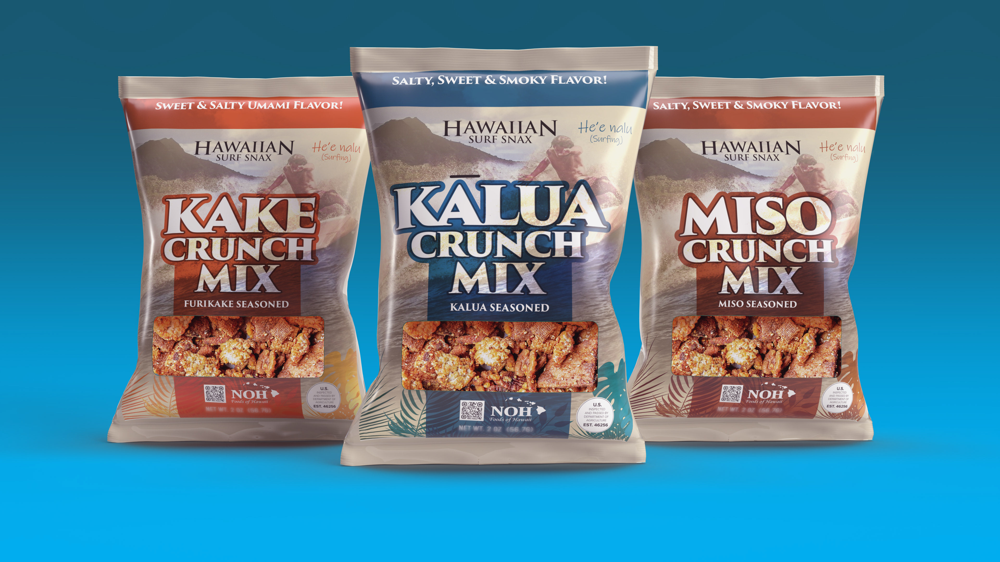 Created a retail-ready snack packaging concept that expands NOH’s Hawaiian flavor equity into a crunchy, savory snack mix format. The design balances appetite appeal, regional flavor storytelling, and clear product visibility to support impulse purchase and consumer trial. The pouch system was built for strong shelf blocking, flavor differentiation, and scalable future line extensions.