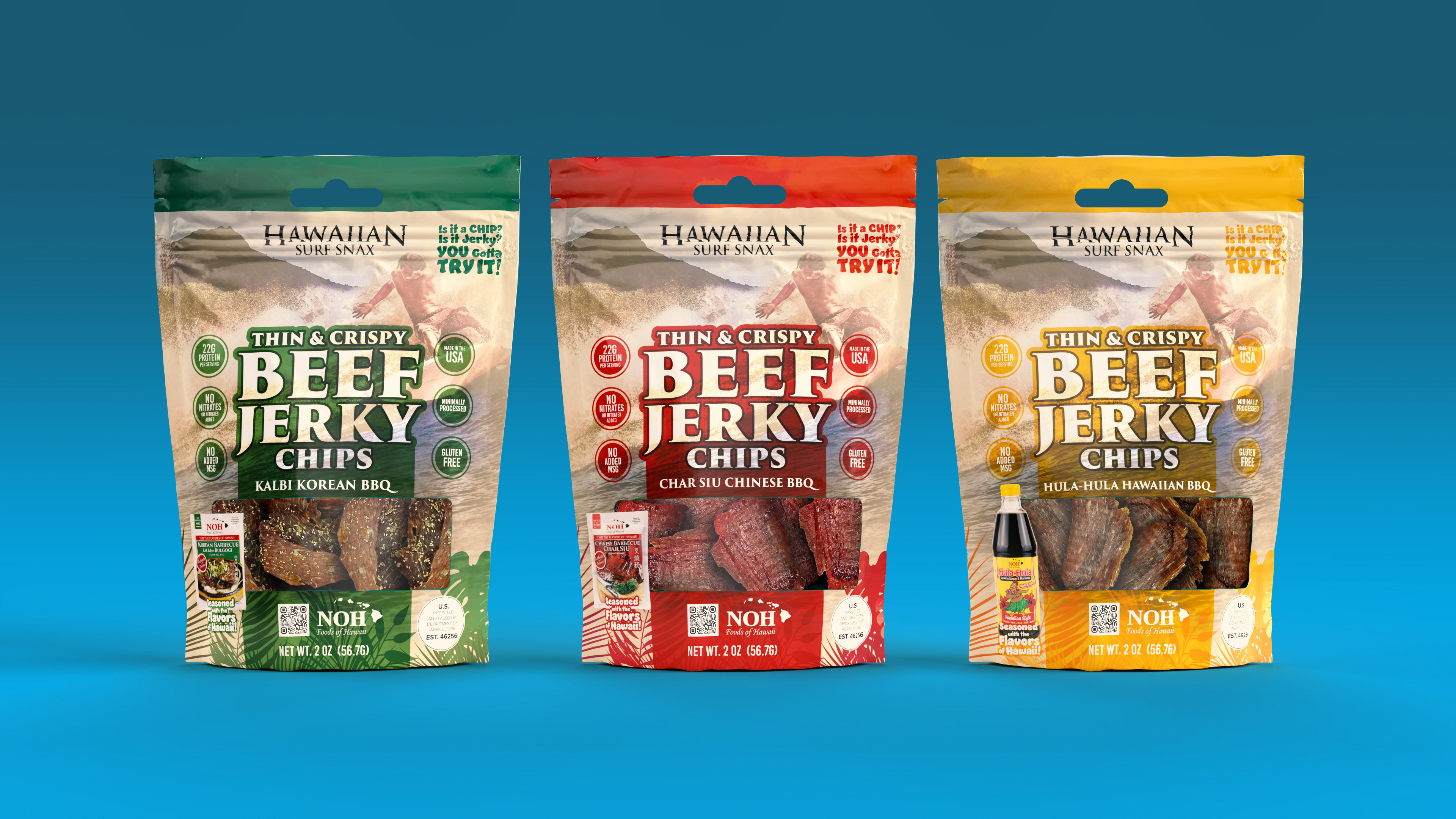 Created a more energetic snack-focused packaging system for thin and crispy beef jerky chips, designed to bridge traditional jerky with the visual language of chips and grab-and-go snacks. The concept emphasizes bold typography, transparent product windows, flavor-specific color coding, and benefit-driven claims to improve shopability, highlight product texture, and support stronger impulse purchase at retail.
