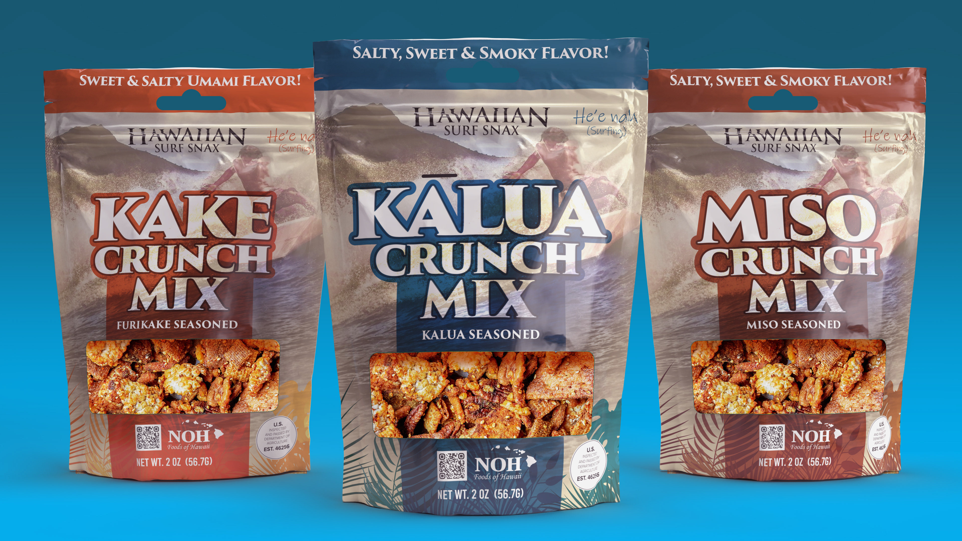 Developed a tropical snack mix packaging system designed to bring Hawaiian-inspired flavors into the grab-and-go snack aisle. The concept uses surf culture cues, island photography, bold flavor typography, and transparent product windows to communicate texture, flavor, and snackability at retail. Color-coded varieties create easy shelf navigation while maintaining a cohesive brand family across Kake, Kalua, and Miso Crunch Mix.