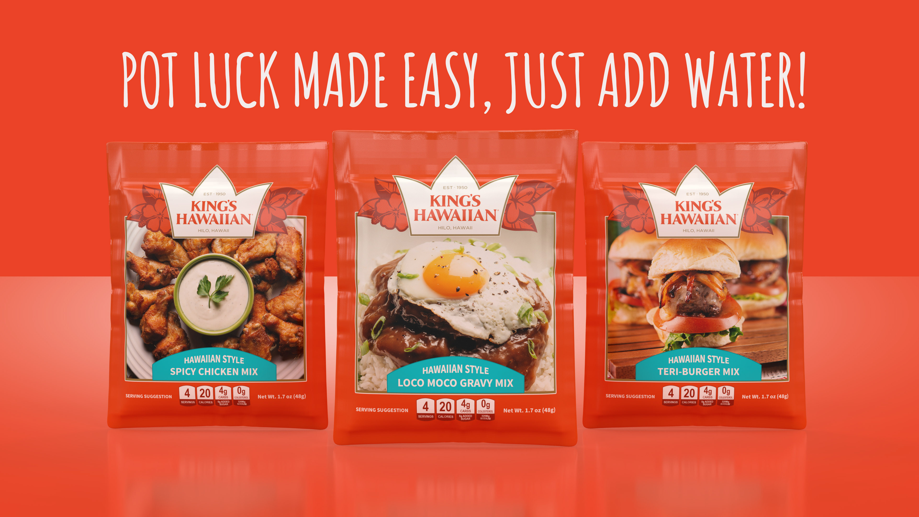 Objective: Extend the visual equity of King’s Hawaiian rolls into a convenient recipe mix line.  Solution: Designed a cohesive packaging and brand concept that mirrors recognizable color, typography, and island-inspired cues from the existing product family. The result creates a strong shelf connection, simplifies meal planning, and positions the mixes as easy add-ons for complete Hawaiian-style recipes.