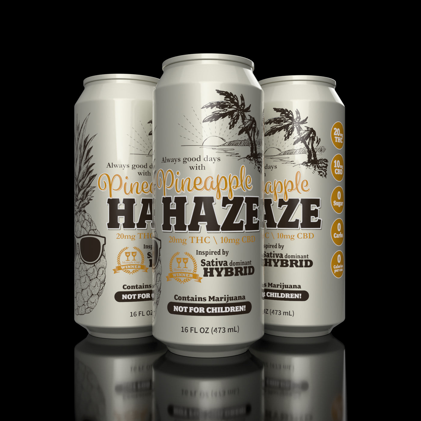 Objective: Create a cannabis beverage concept that feels approachable, tropical, and lifestyle-driven while clearly communicating THC/CBD content.  Solution: Designed a 16 oz Pineapple Haze can system featuring island-inspired illustration, bold product naming, dosage callouts, and compliant adult-use messaging. The result positions the beverage as a premium infused refreshment with strong flavor appeal and clear shelf communication.