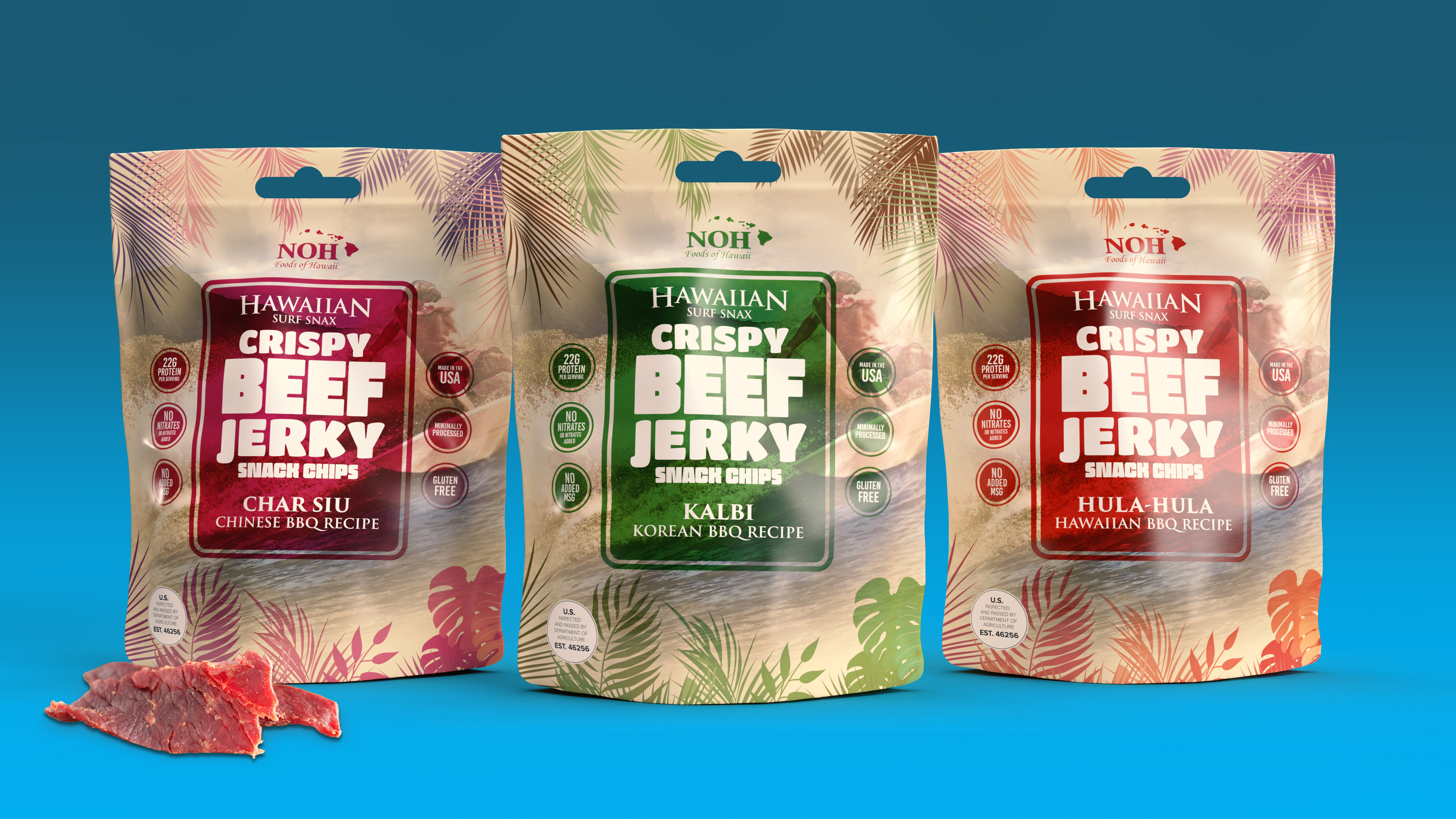 Developed a tropical-inspired beef jerky packaging concept designed to position the product as a flavorful Hawaiian snack with strong retail shelf appeal. The design uses soft island graphics, bold flavor blocking, and clear product benefit callouts to communicate protein content, clean-label attributes, and regional flavor inspiration while creating a cohesive family look across Kalbi, Char Siu, and Hula-Hula BBQ varieties.