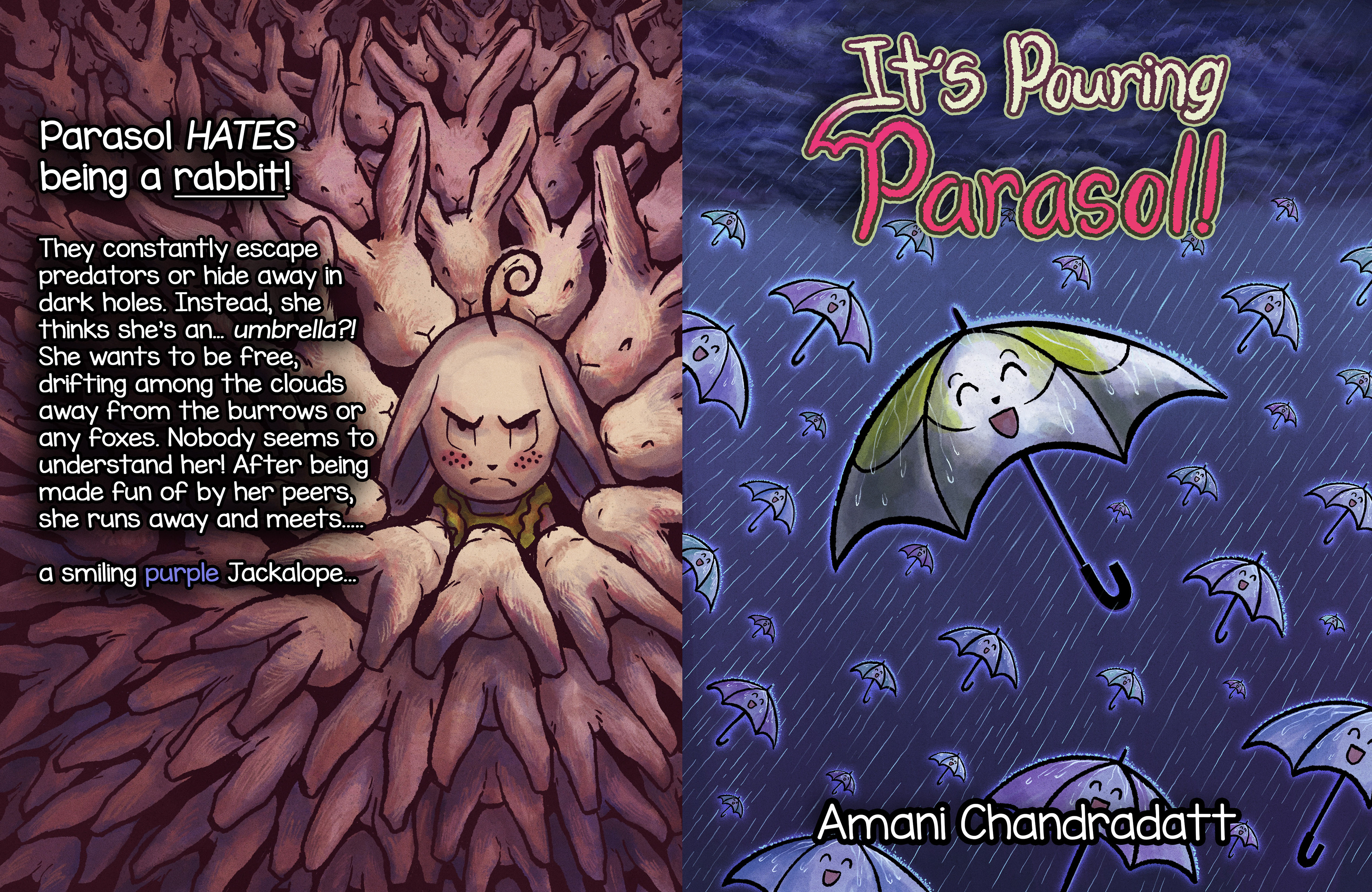 My Covers for "It's Pouring Parasol!" - a children's book created in my third year of FIT