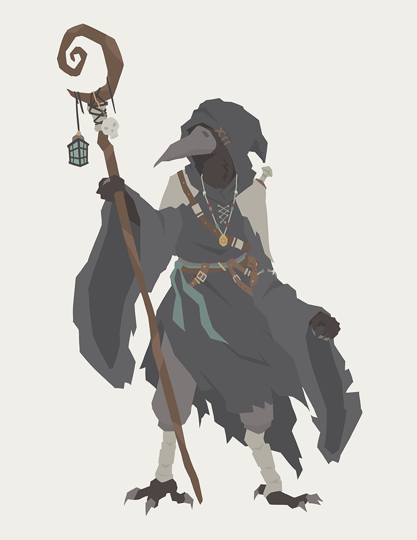 Stylized low-poly, cel-shaded fantasy character design with angular shapes and minimal shading, perfect for indie games and digital RPG art.
