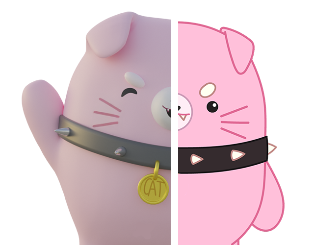 ミャオミの3Dキャラクターデザイン(左)と2Dバージョン(右)の分割画像、アニメーションおよびキャラクターデザインの多才なサービスを示す。