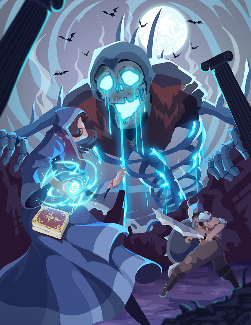 A dynamic, full-page action illustration by Kaonashi Studio, capturing an intense scene from a fantasy adventure.