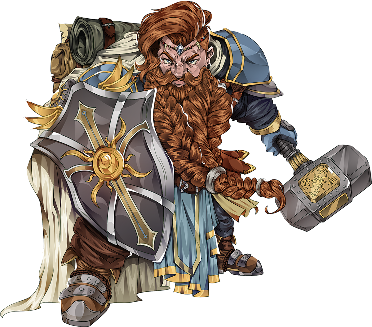 Detailed Dwarf Paladin illustration with dynamic pose and intricate armor design, perfect for fantasy projects and RPG art.