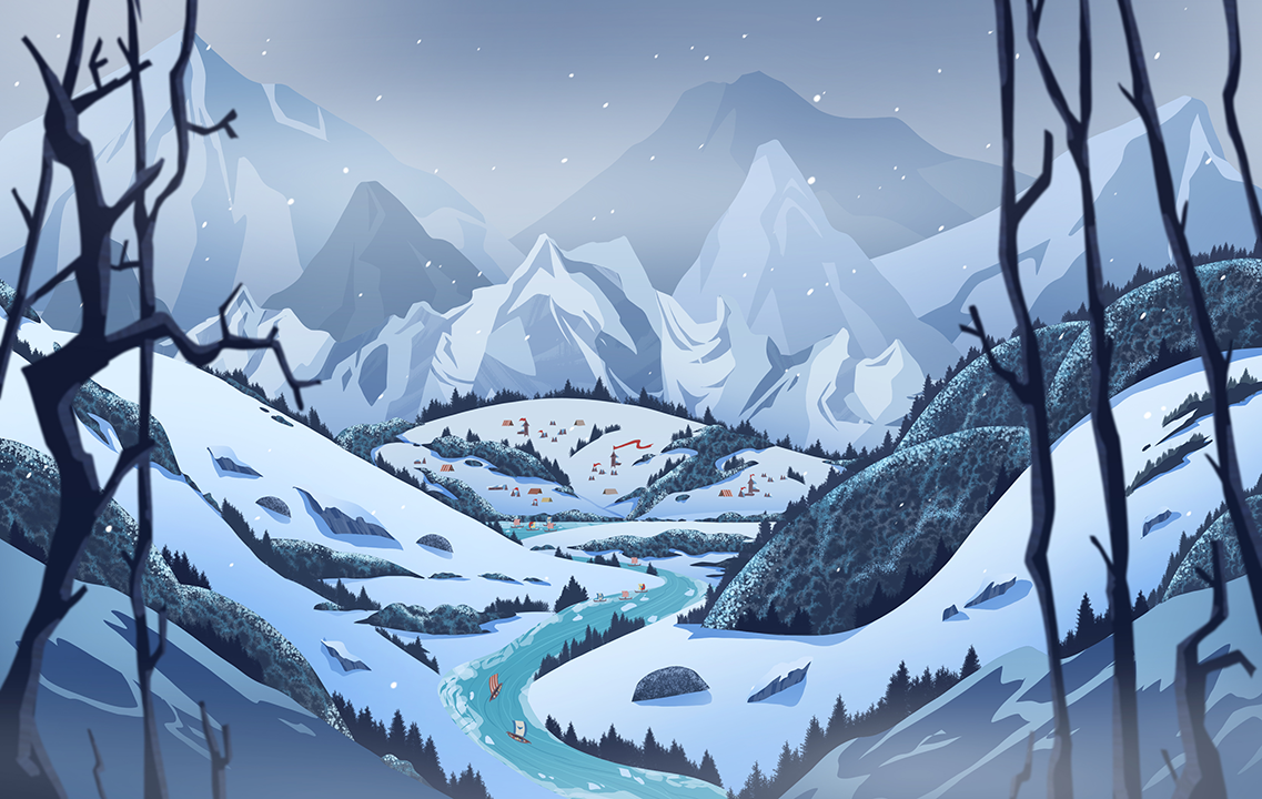 Breathtaking stylized winter landscape with icy peaks, a frozen river, and a distant village, ideal for fantasy art, concept designs, and immersive environment visuals.