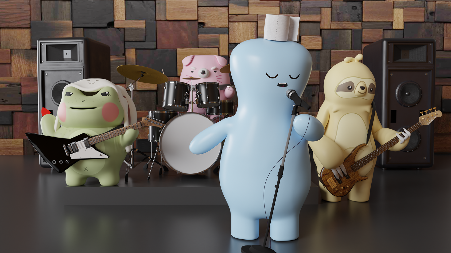 カオナシキャラクターたちの3Dレンダリング、バンドで演奏しているシーンをダイナミックに表現、キャラクターデザインと3Dデザインの創造的なシーン構成が際立つ。