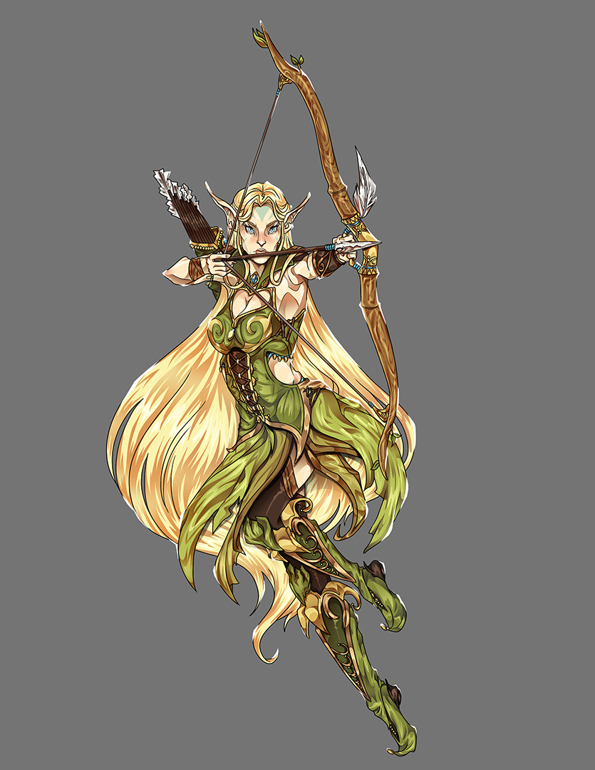 動的なアクションポーズと精緻なディテールを持つセミリアルなエルフハンターのイラスト、ファンタジーRPGやゲームアートに最適。