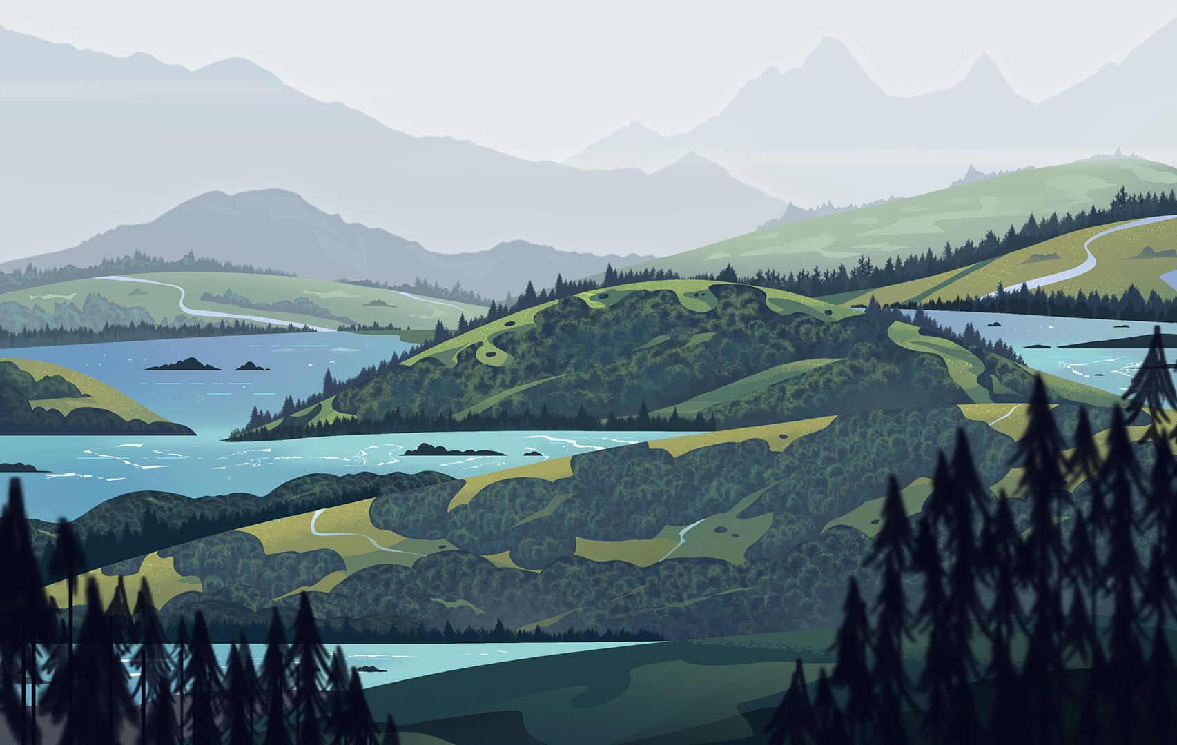 Stylized digital landscape illustration featuring rolling green hills, winding rivers, and misty mountains, perfect for fantasy-themed projects, storybook art, and concept designs.