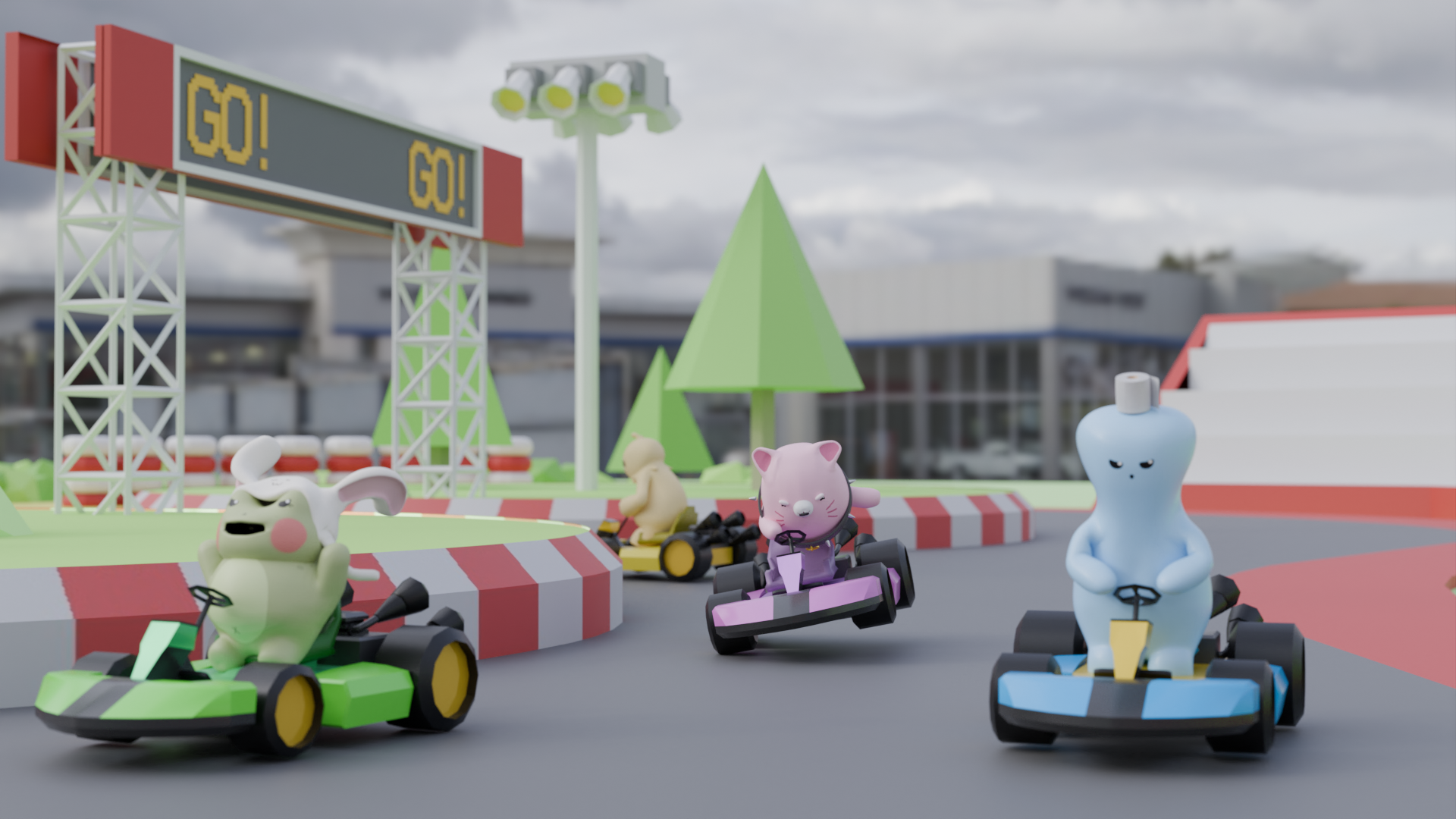 カオナシキャラクターたちの3Dレンダリング、ゴーカートレースのダイナミックなアクションとキャラクターデザインの詳細を披露、3Dアニメーションとキャラクターアートの技術力を示します。
