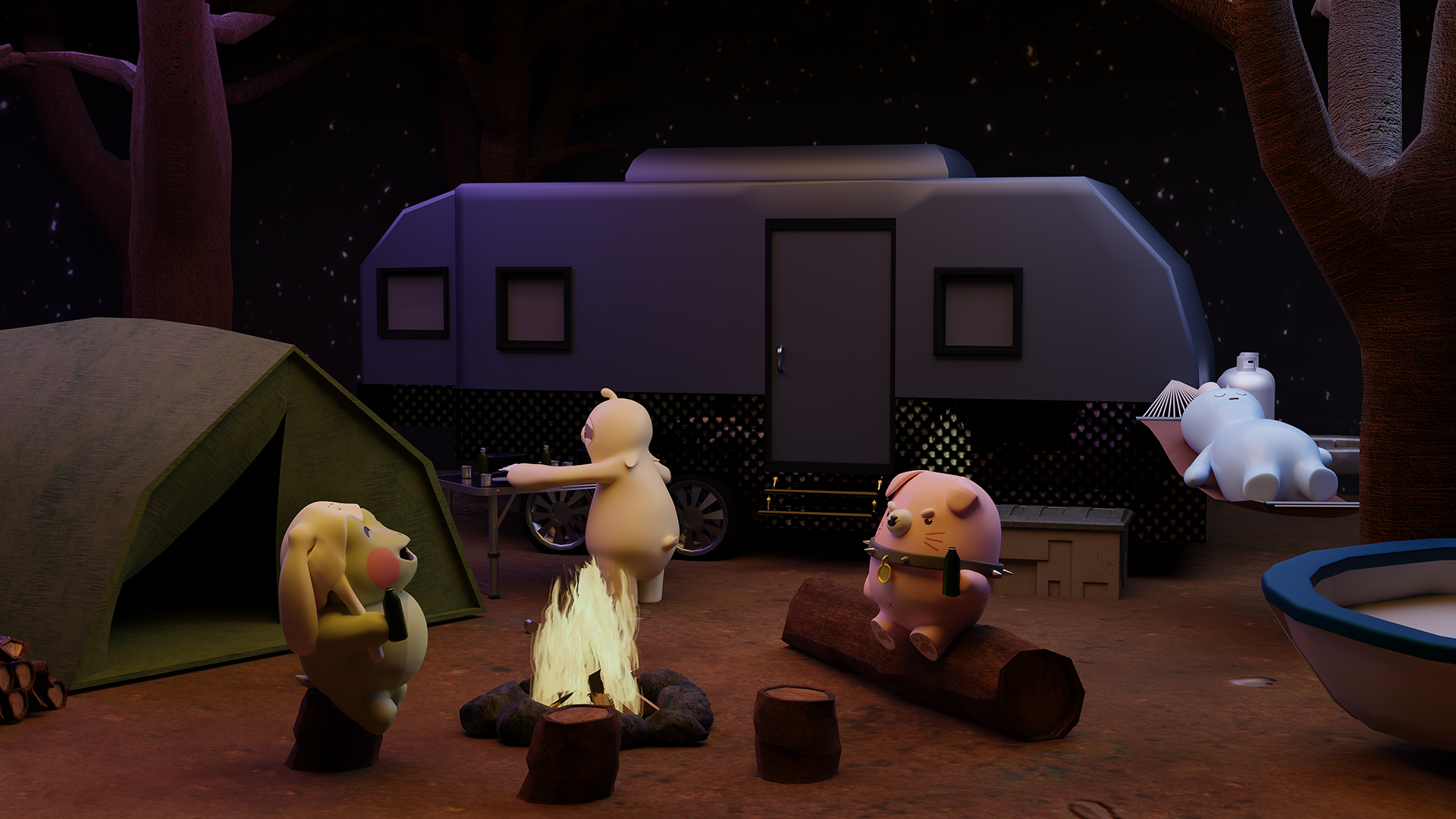 3D-rendered Kaonashi Studio characters Meowmi the Scottish Fold cat and Meeki the sloth on a camping trip with old friends Mimi and Miho, part of Kaonashi Studio's animated series.