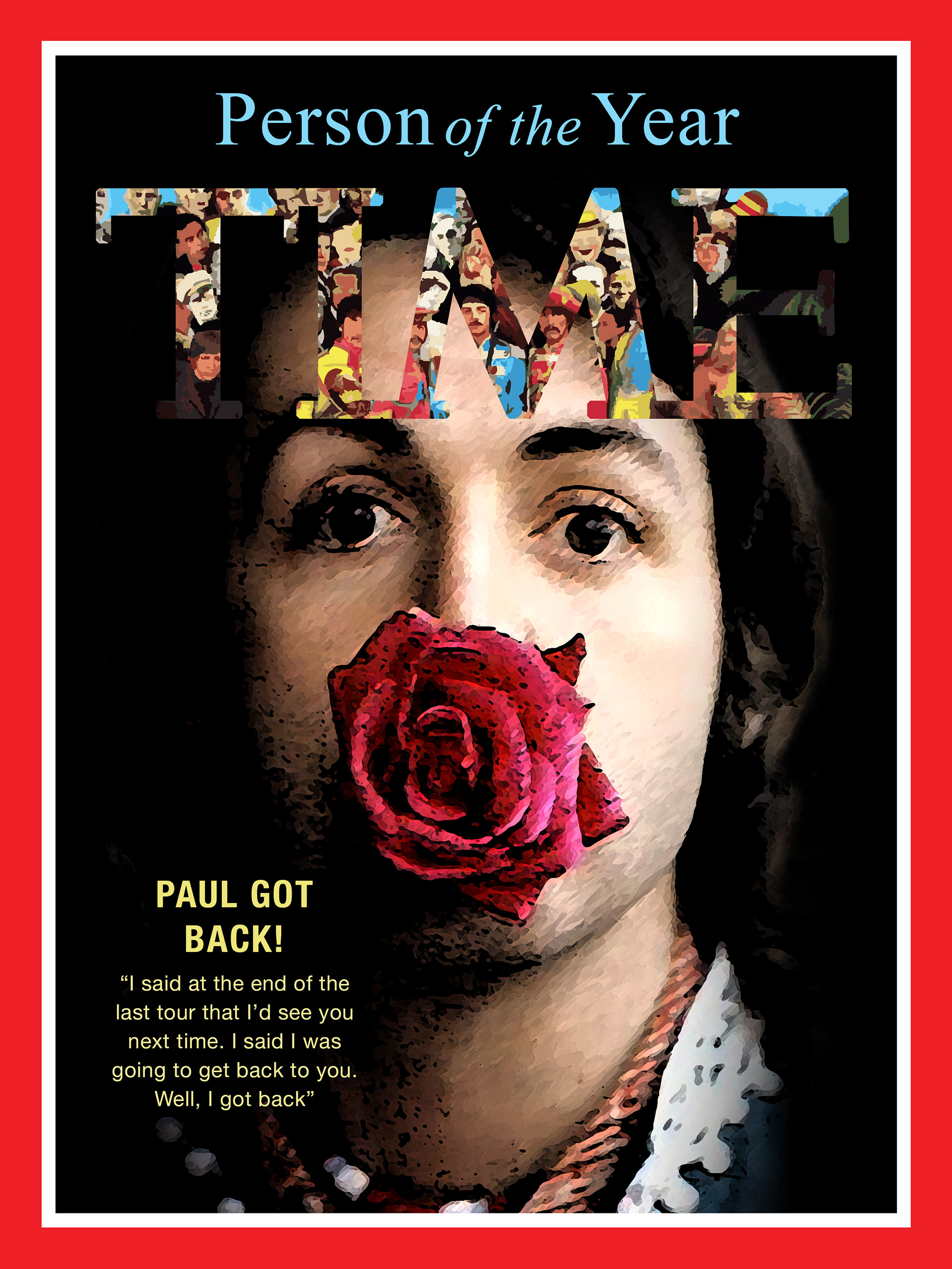 For the second cover, I decided to use a vintage photo of Paul with a rose which I found unique. I applied texture filers to the rose and Paul’s face. For the type, I placed the Beatles album Sgt. Pepper's Lonely Hearts Club Band into the title text. I sampled the blue and yellow from the album art as well.