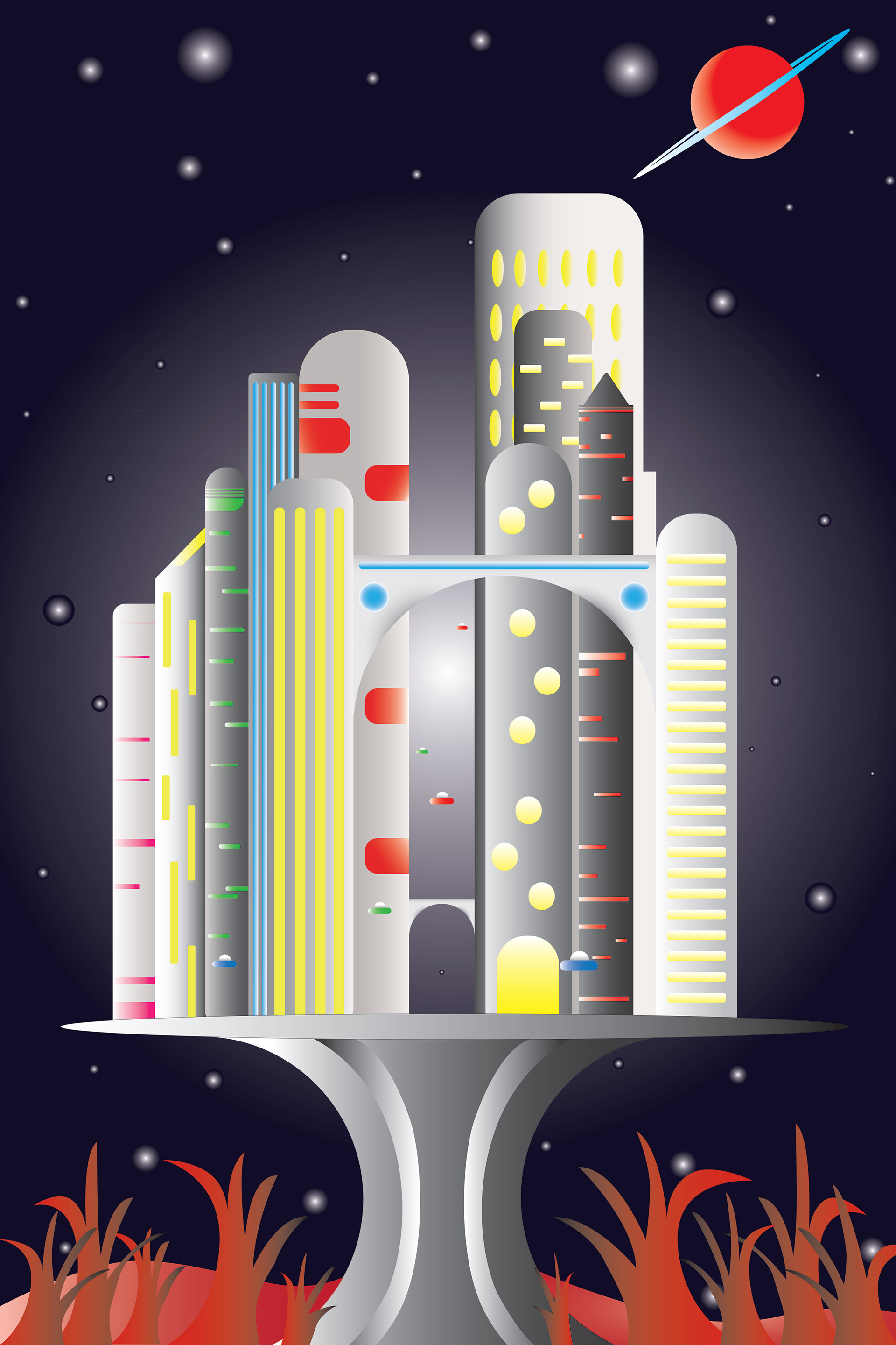 This was a project that was done in a digital illustration class. The purpose of the project wad to exercise working with vector shapes in Adobe Illustrator. The idea was to create an image based on a tree house design. My final concept was derived from my love for modern architecture and science fiction films. I went for a clean design for the buildings which didn’t have too much detial, but was also pleasing to the eye.