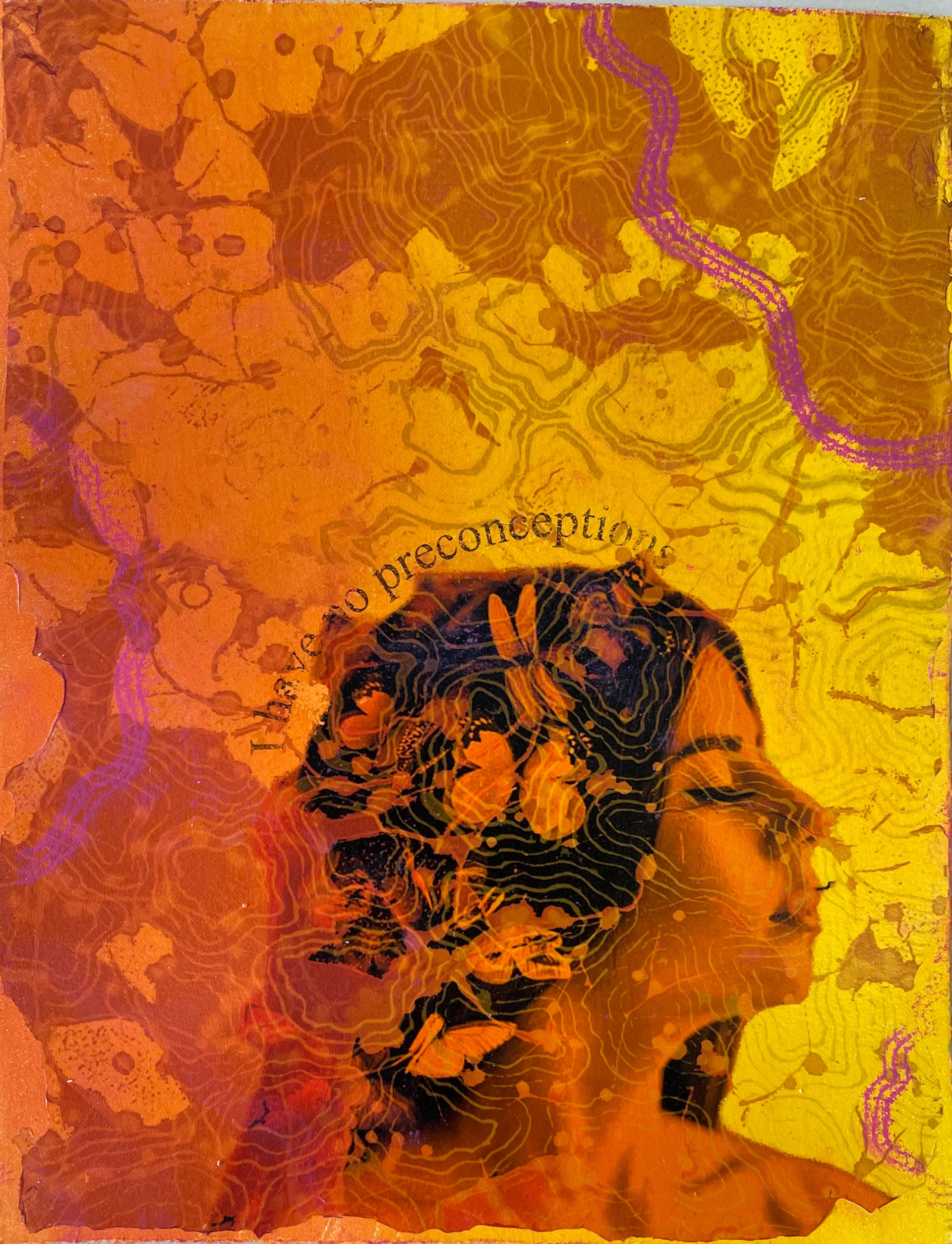 Mixed media collage (linocut, monotype, image transfer) on paper, 9" x 12"