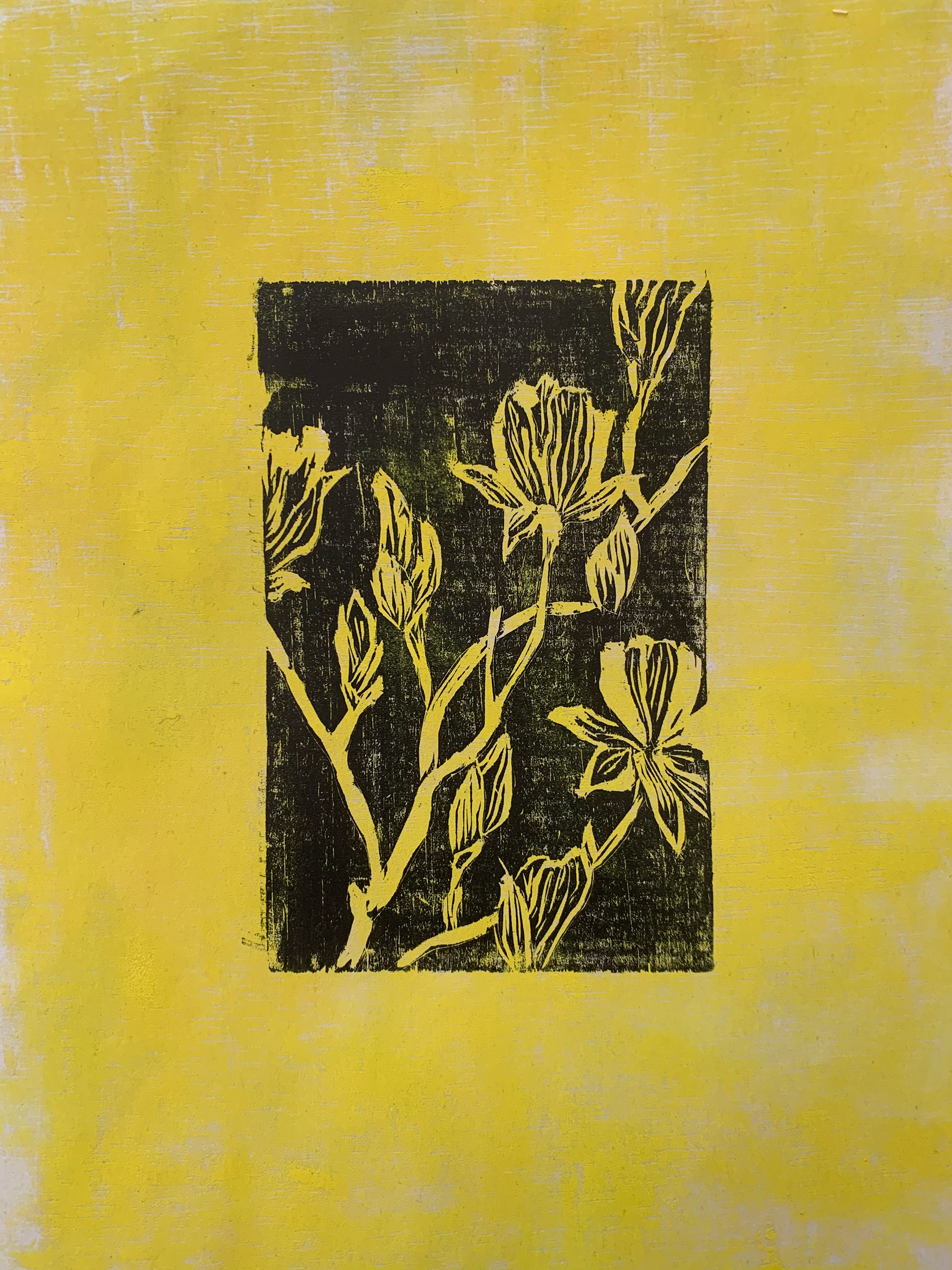 Two-block woodcut on paper, 9" x 12"