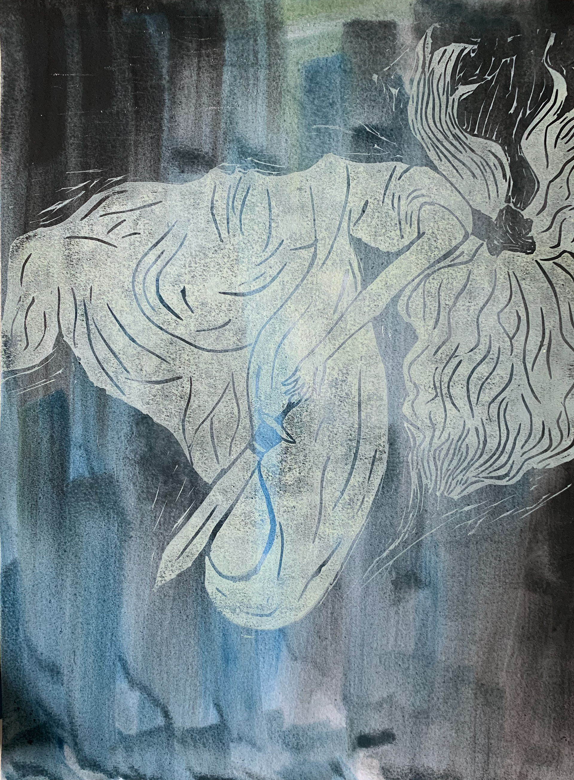 Mixed media (linocut, watercolor) on paper, 9" x 12"