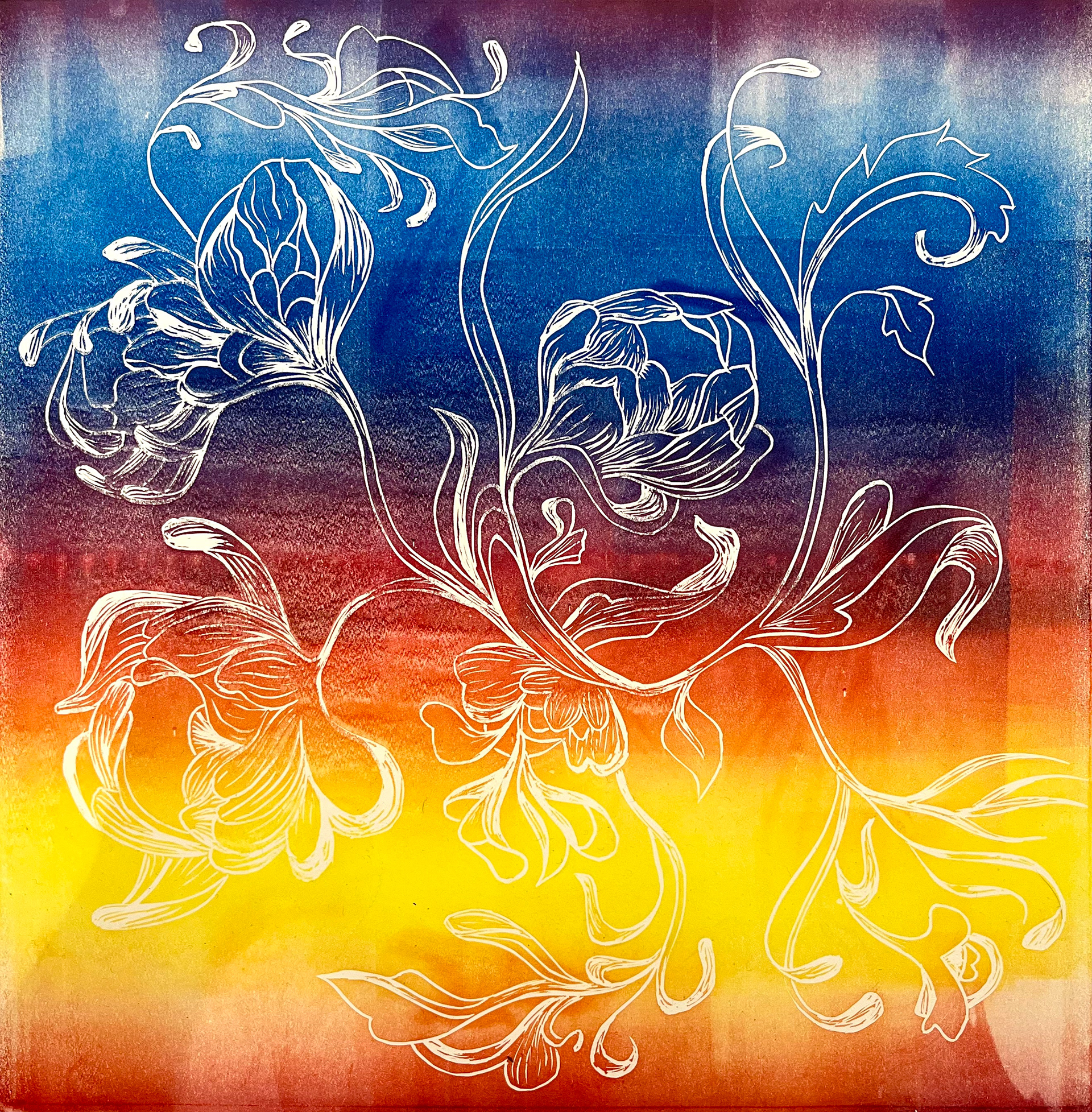 Linocut on paper, 16" x 16", 2025
