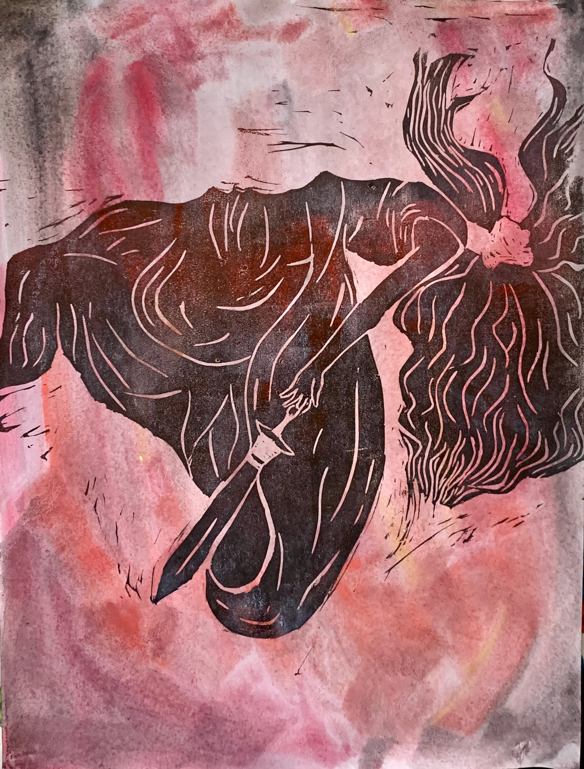 Mixed media (linocut, watercolor) on paper, 9" x 12"