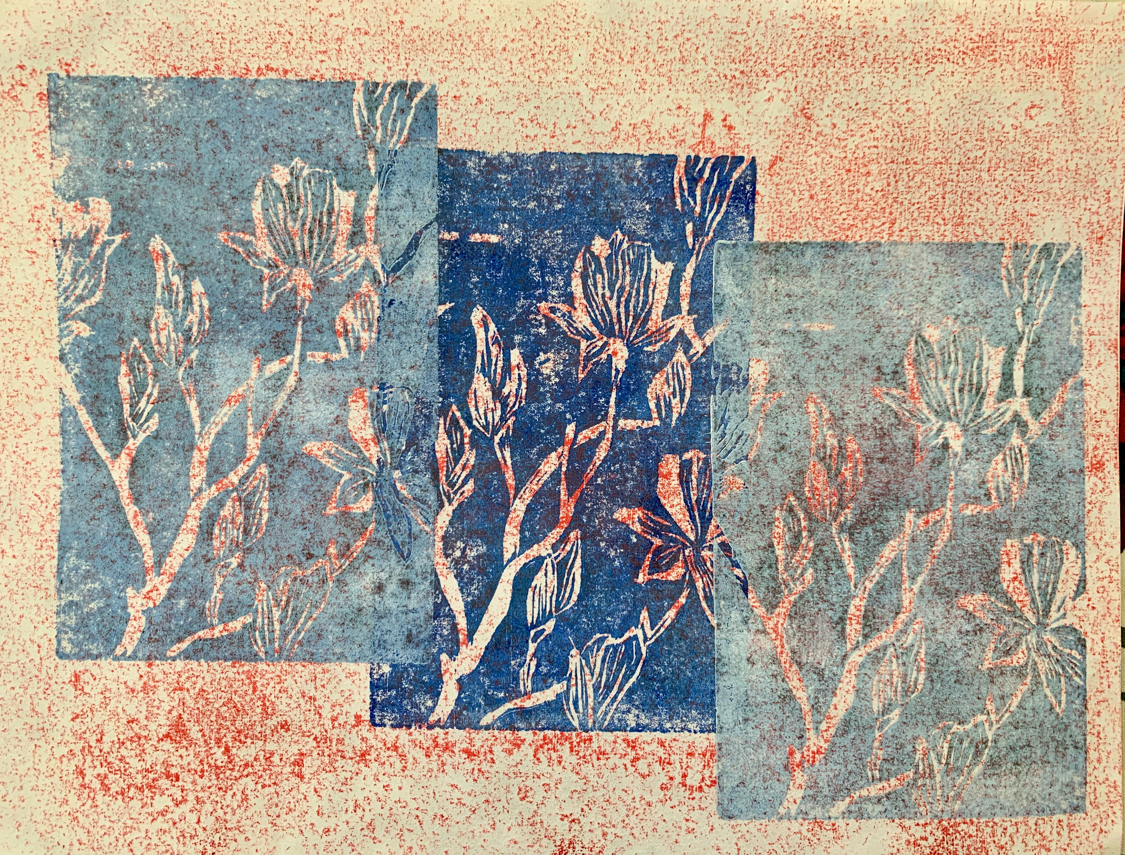 Two-block woodcut on paper, 9" x 12"