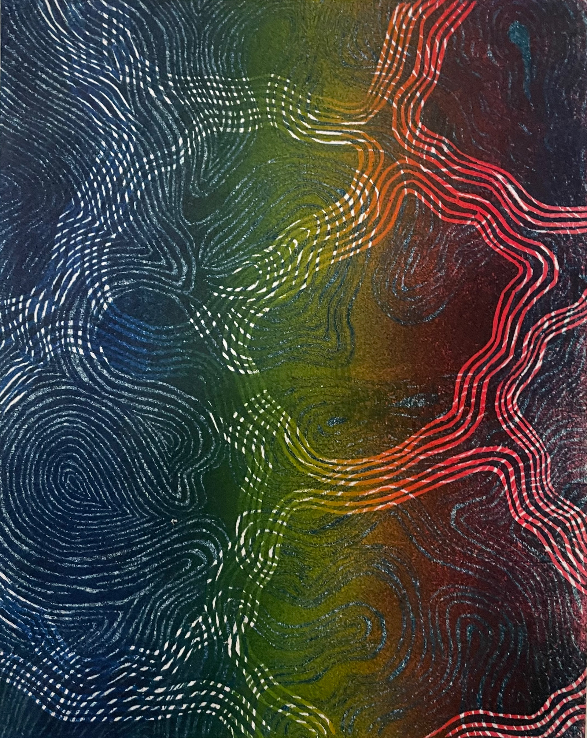 Two-block woodcut and linocut on paper, 9" x 12"