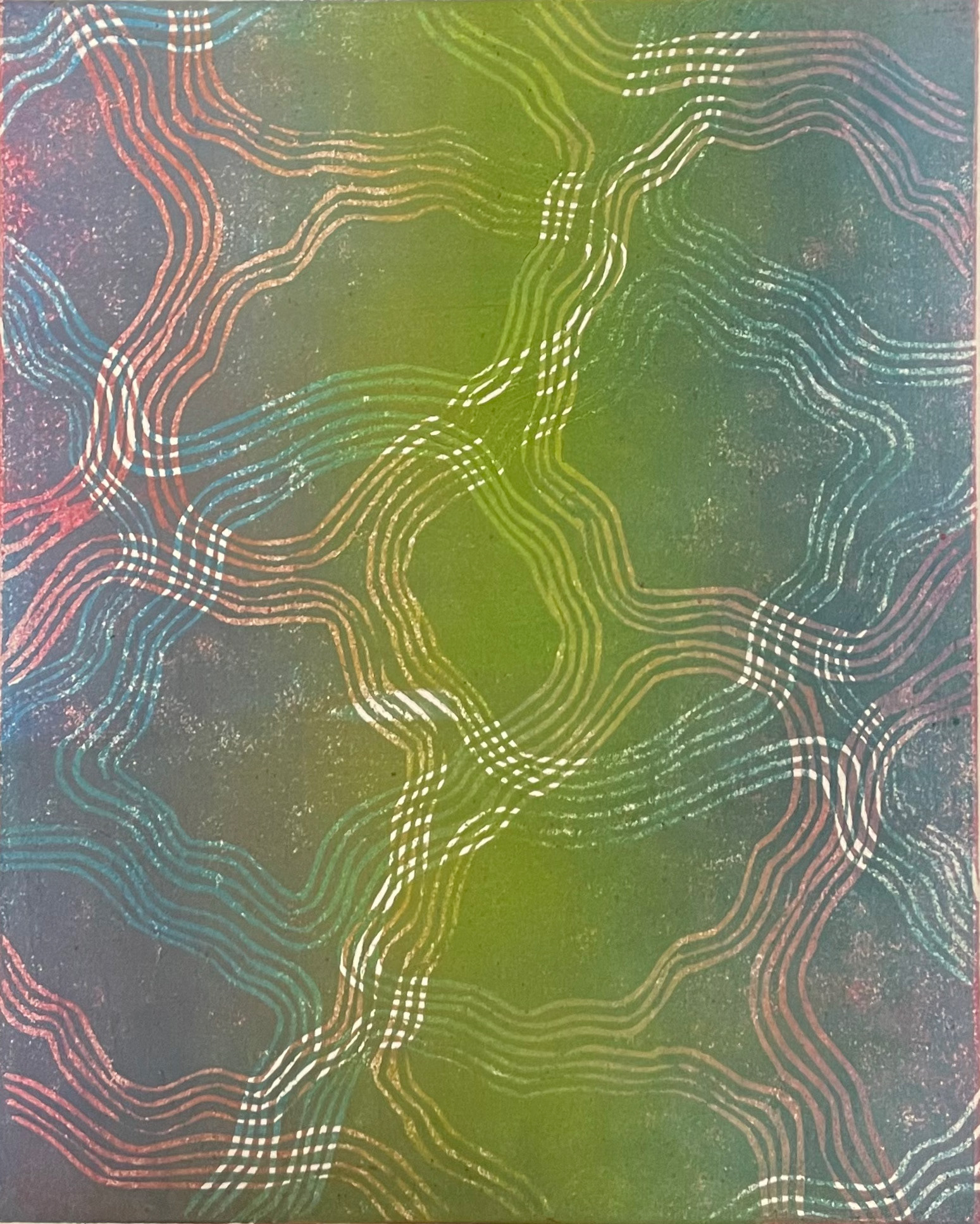 Two-block woodcut on paper, 9" x 12"
